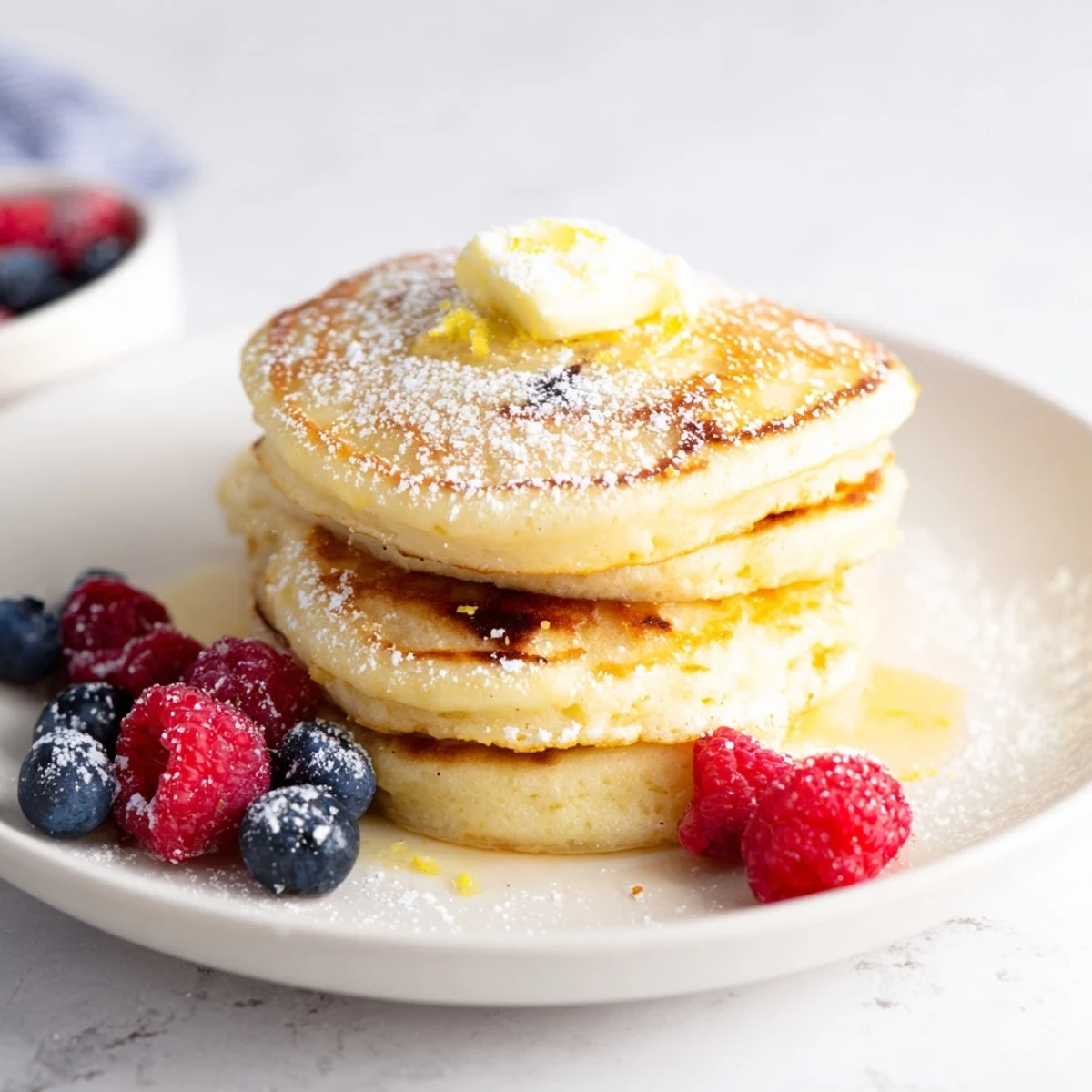 Fluffy Lemon Ricotta Pancakes, golden brown and drizzled with sweet maple syrup, perfect treat.