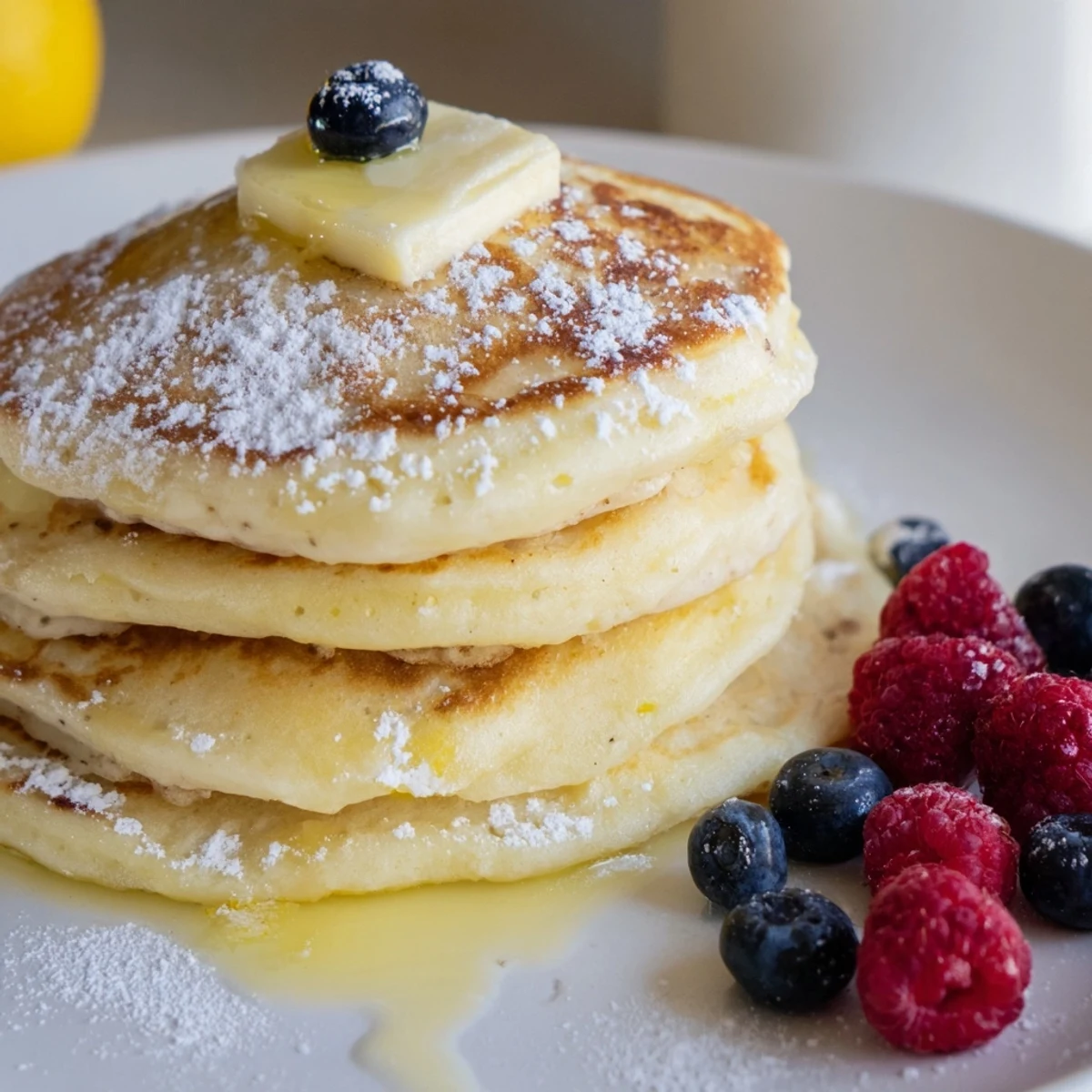 Close-up of freshly cooked Lemon Ricotta Pancakes: tender, light, and bursting with zesty lemon flavor.