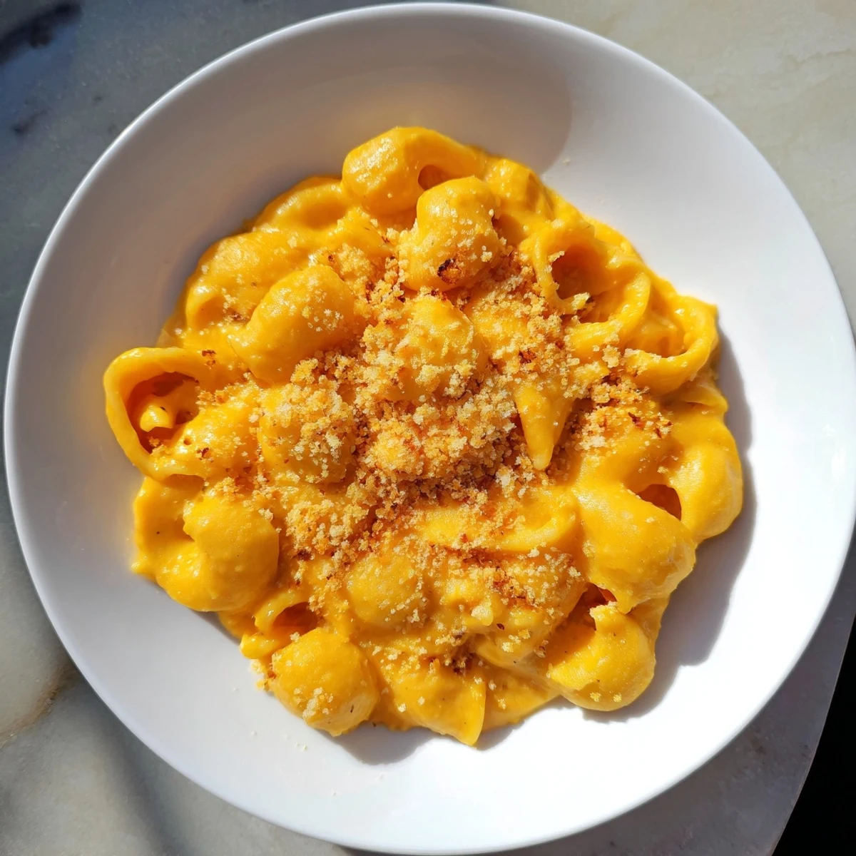 Warm, golden butternut squash mac and cheese, a comforting vegetarian main course served hot.