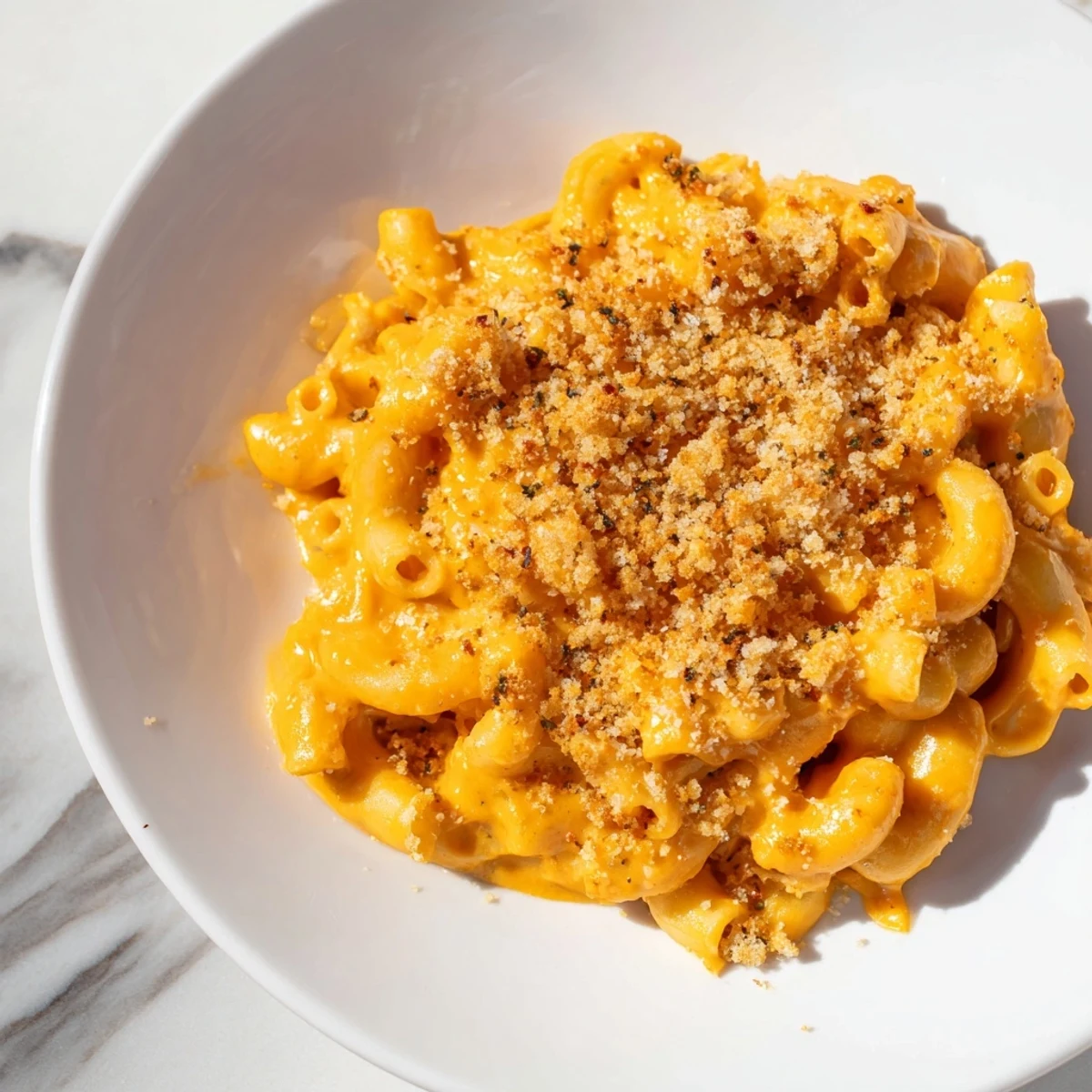A close-up of creamy butternut squash mac; cheese sauce coats perfectly cooked pasta for dinner.