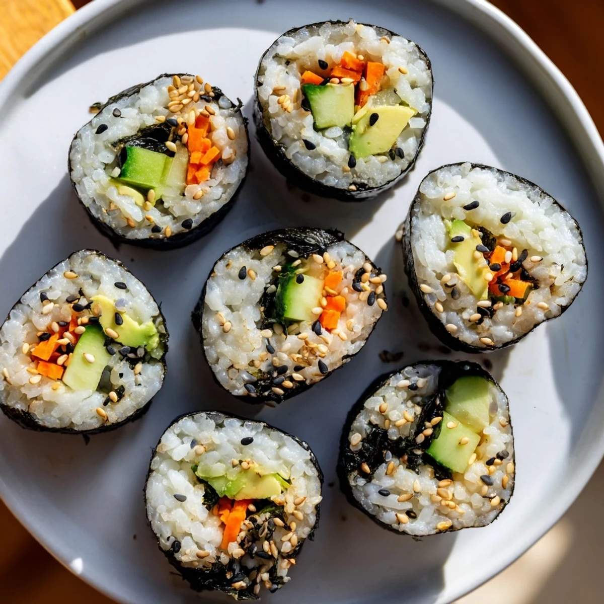 Avocado Cucumber Sushi: Close-up of veggie rolls, showcasing creamy avocado slices and fresh cucumber.