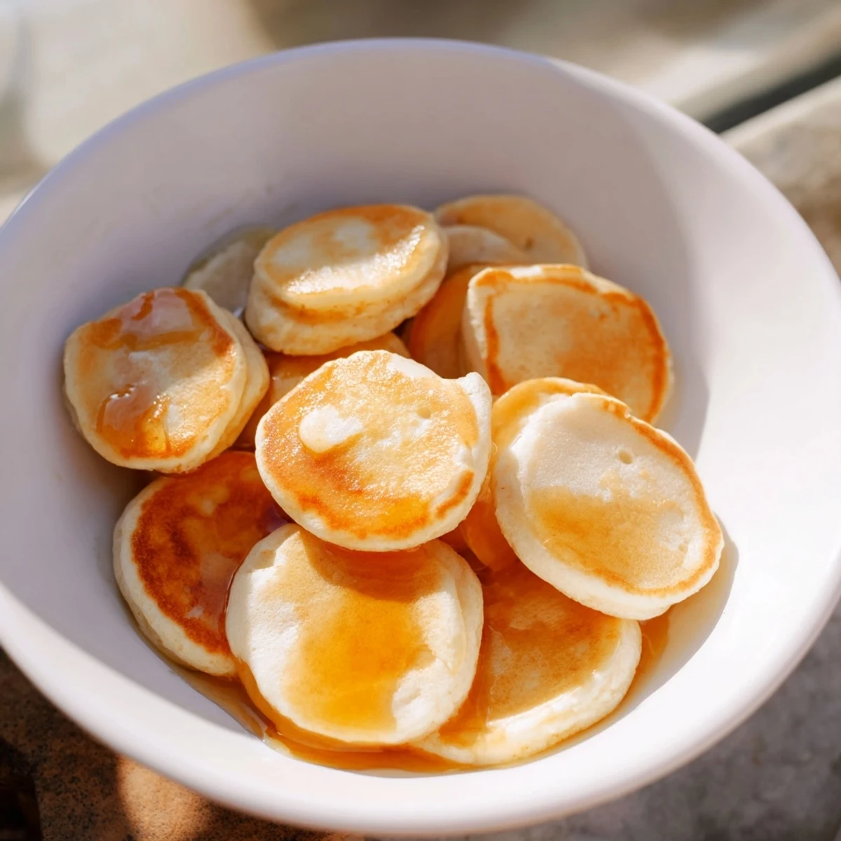 Golden-brown Fluffy Pancake Cereal swimming in milk, an easy fun breakfast for everyone.