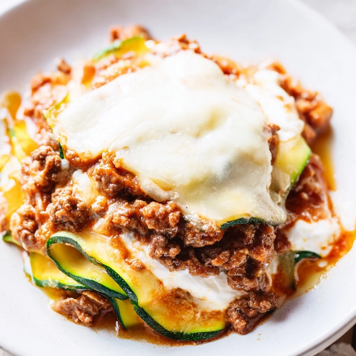 Sizzling zucchini lasagna skillet with bubbling cheese, savory ground beef, and vibrant zucchini ribbons.
