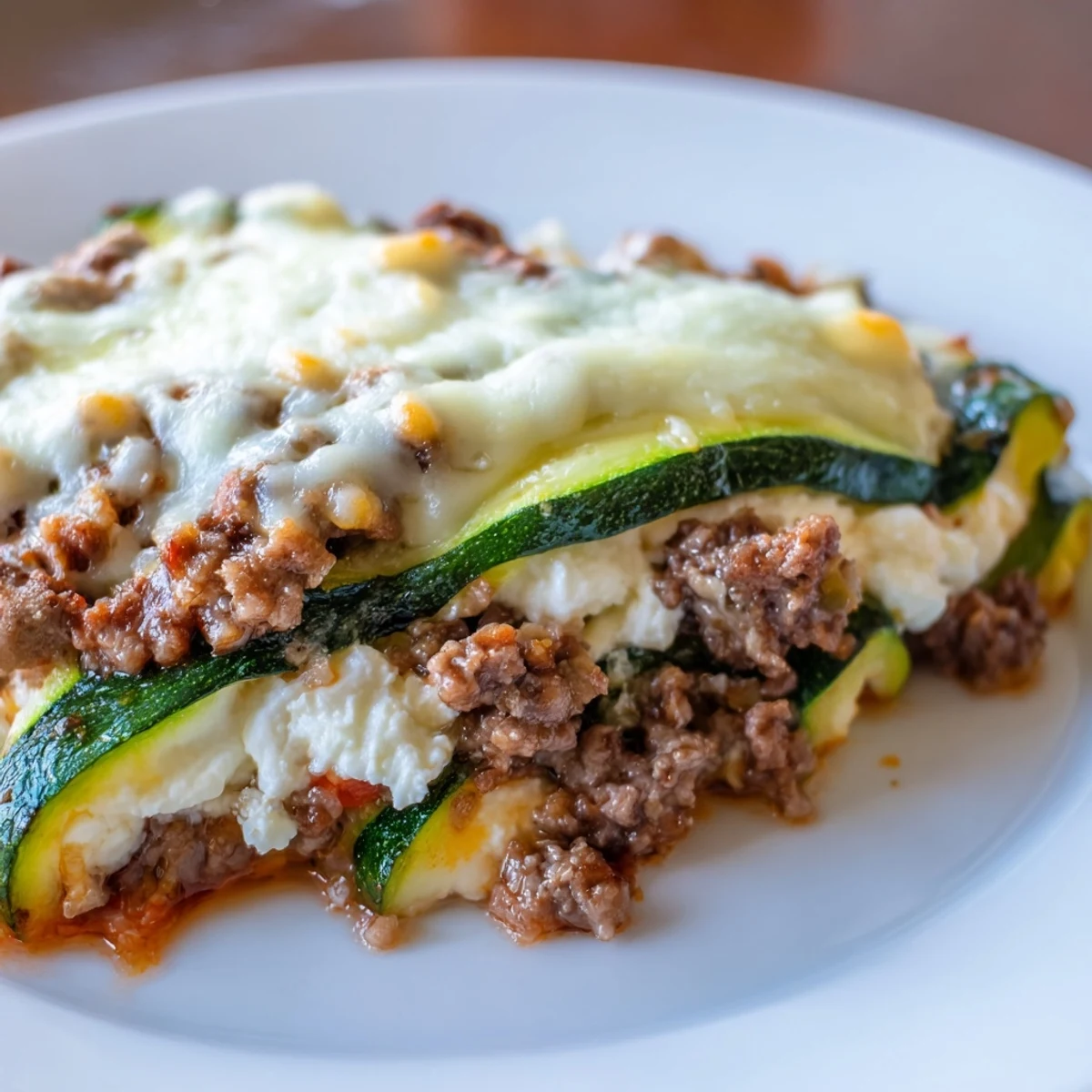 Layered zucchini lasagna skillet, showcasing melted mozzarella over a hearty mix of beef and tomatoes.