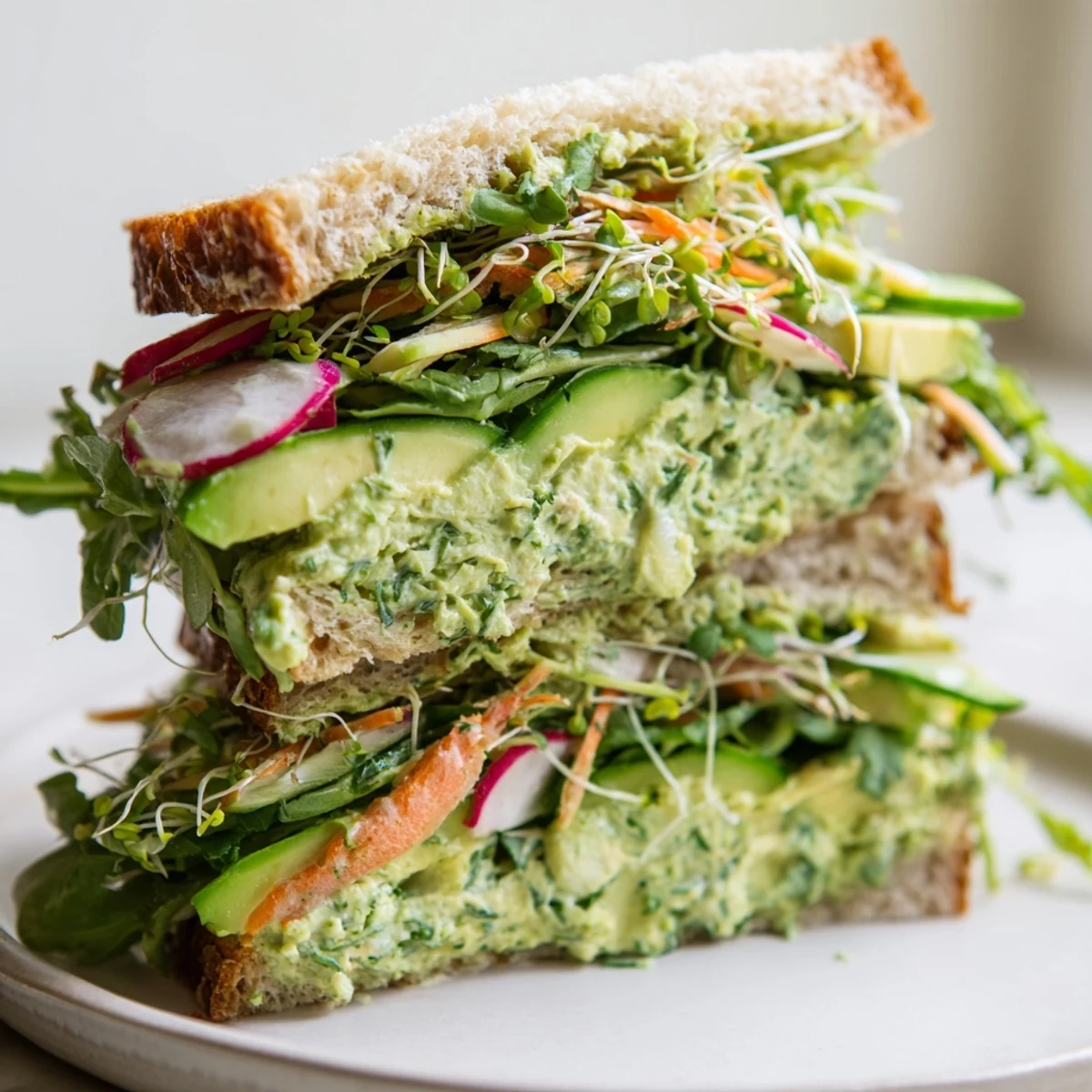 Vibrantly stacked Green Goddess Sandwich, showcasing colorful veggies and creamy spread, ready to eat.
