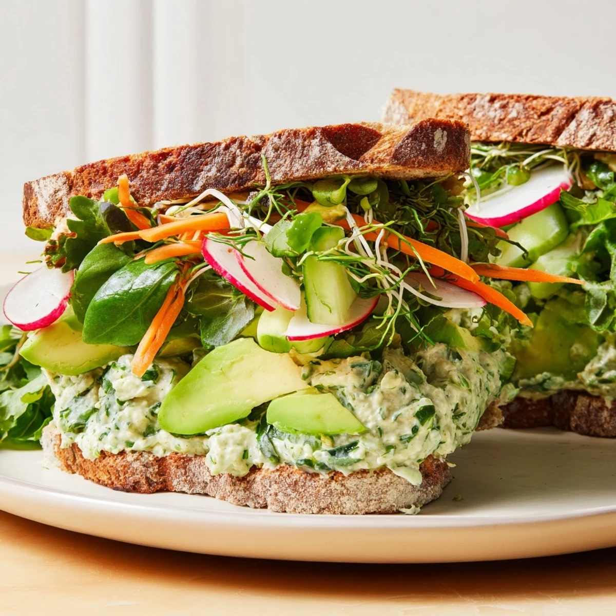 Close-up of a loaded Green Goddess sandwich, highlighting the textures of fresh ingredients inside.