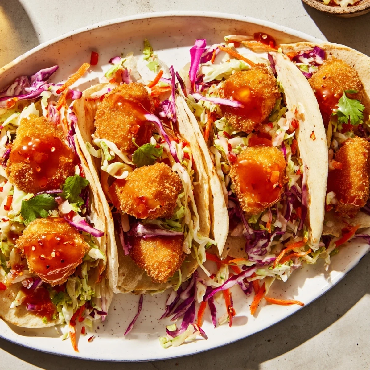 Golden, crispy Hot Honey Chicken Tacos with a vibrant slaw and cilantro garnish make a tasty meal.