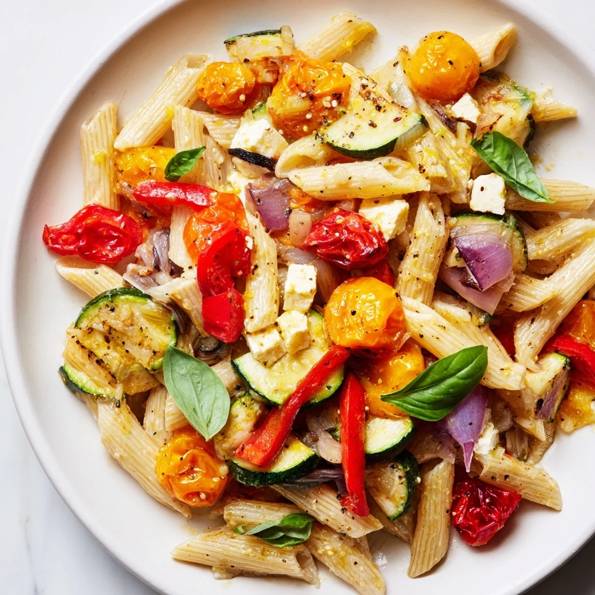 Creamy, delicious Baked Feta Pasta 2.0 with roasted vegetables and a sprinkle of fresh basil.