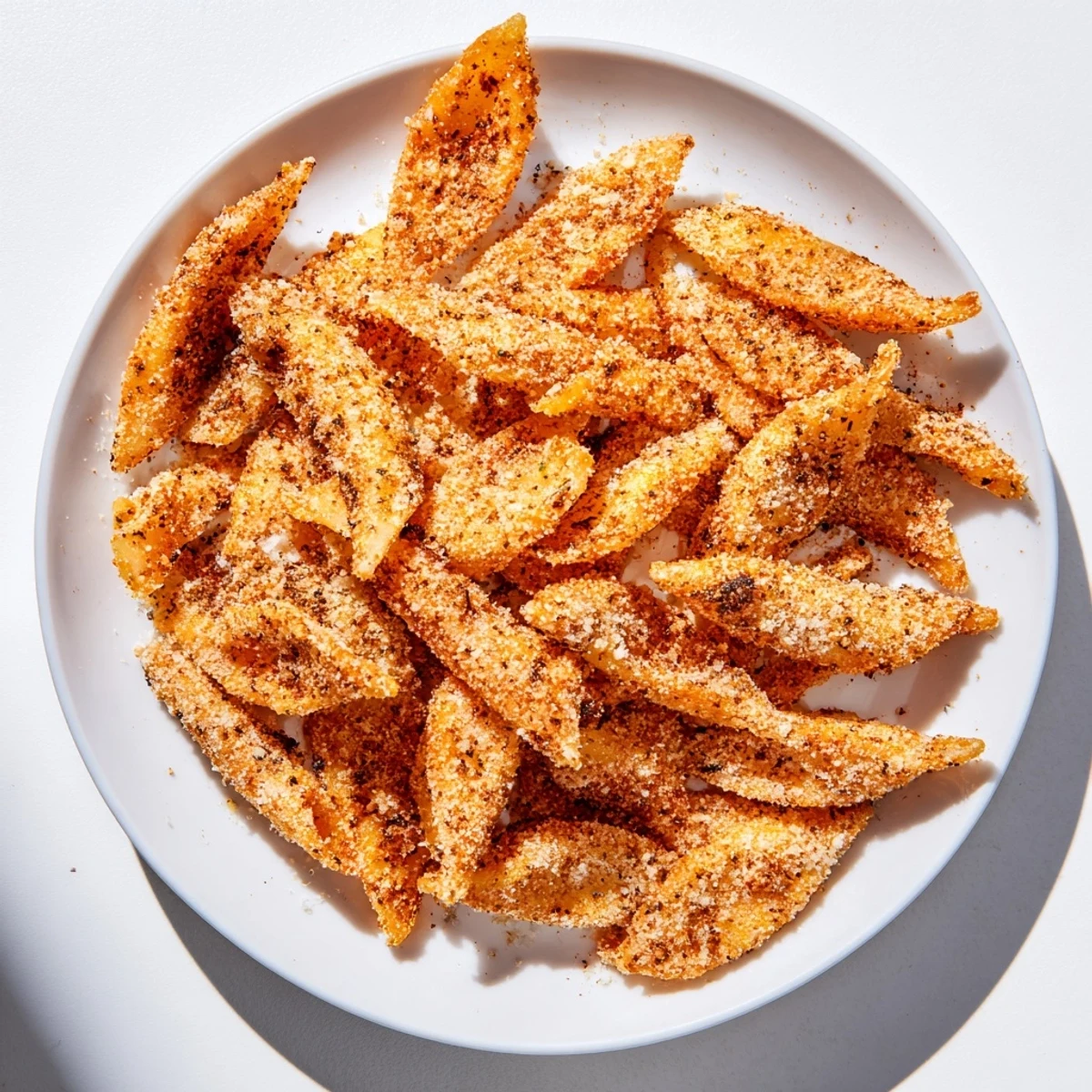 Golden, crispy Crunchy Parmesan Pasta Chips ready to be dipped in marinara sauce are pictured.