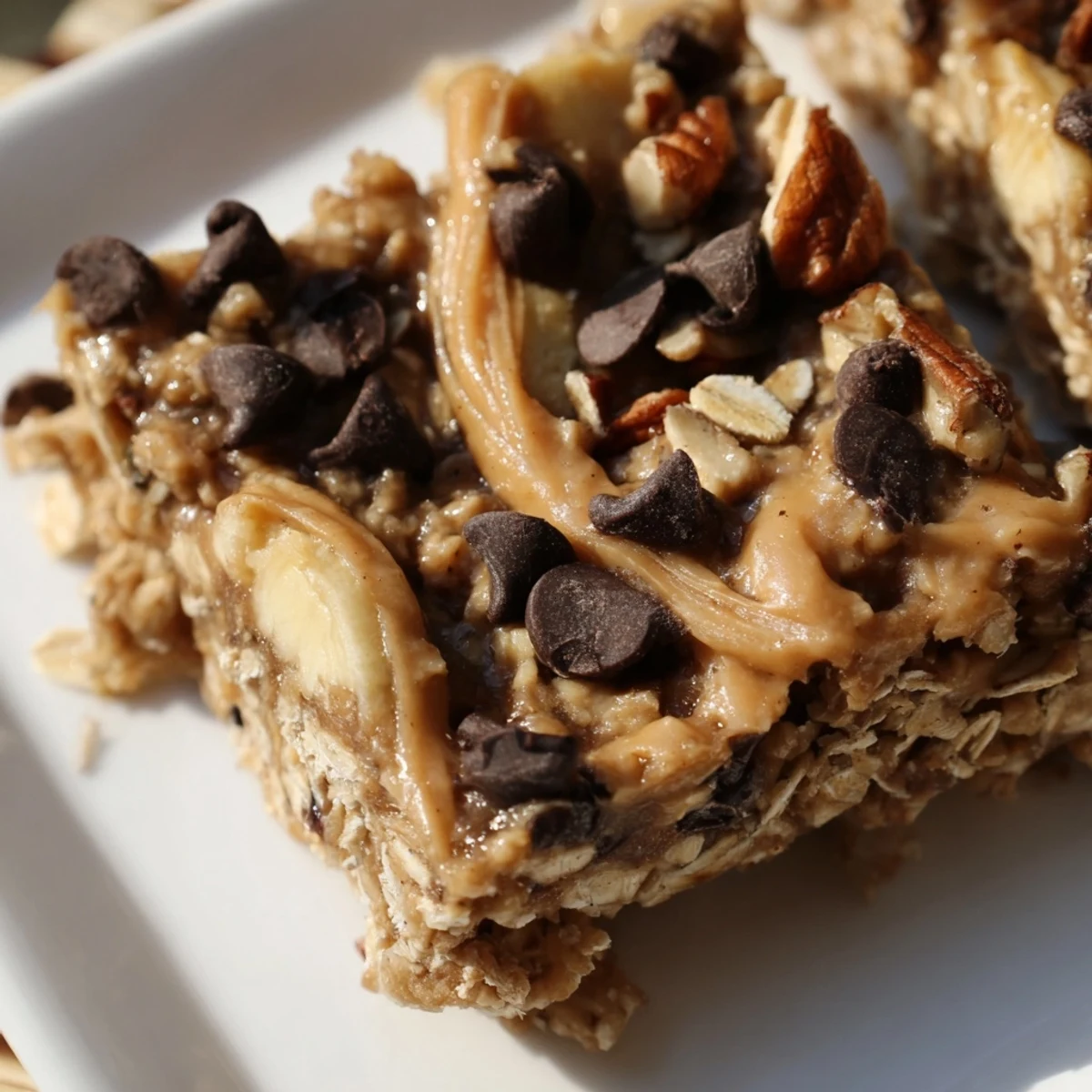 Chewy Peanut Butter Banana Oat Bars, showing a close-up of the delicious no-bake snack recipe.