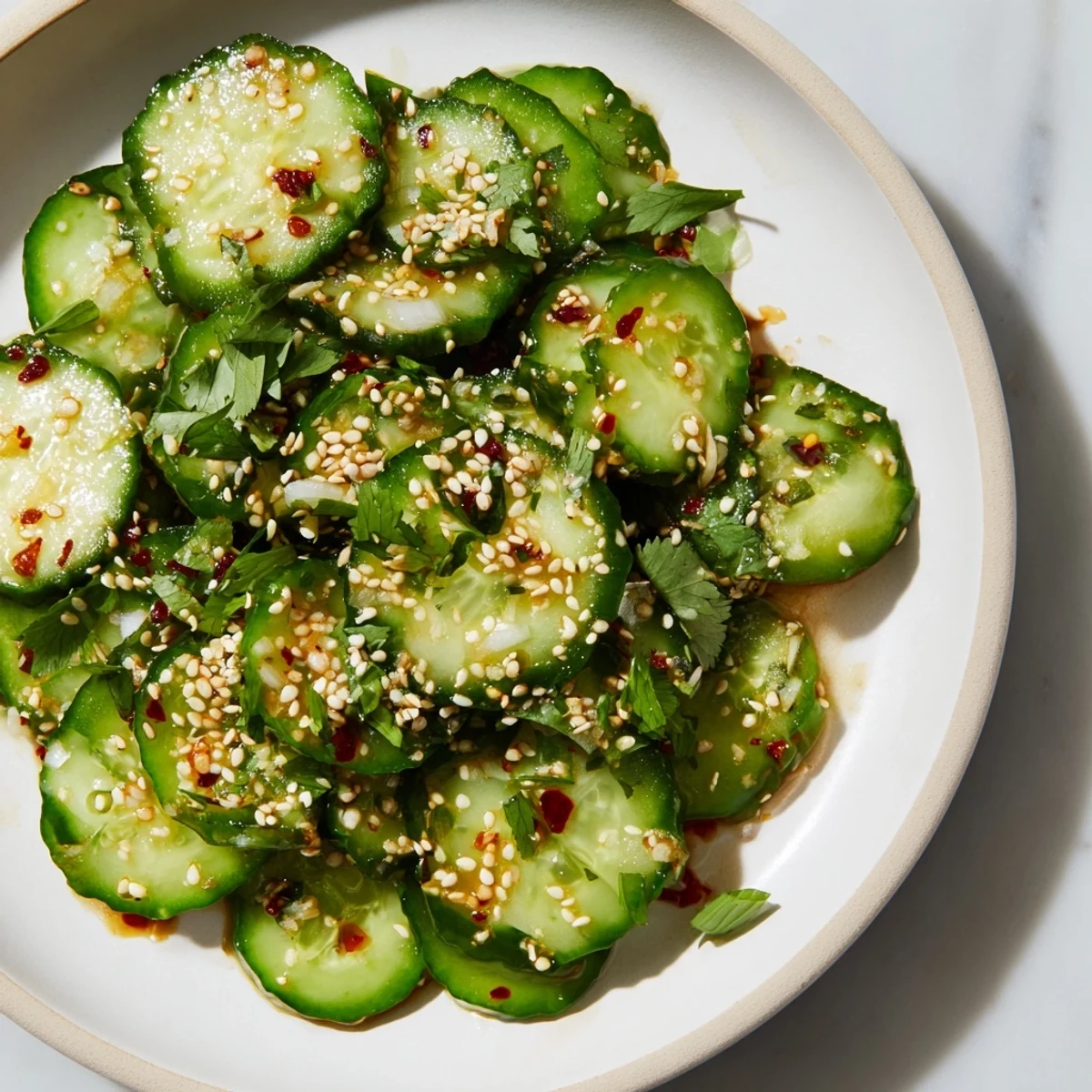 Crisp Zesty Cucumber Salad with vibrant green cucumbers visible, tossed with a flavorful sauce.