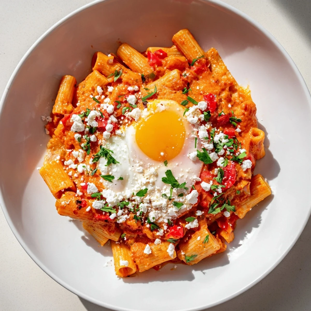 Quick Shakshuka Pasta with a vibrant red sauce, perfectly soft eggs, and sprinkled fresh herbs.
