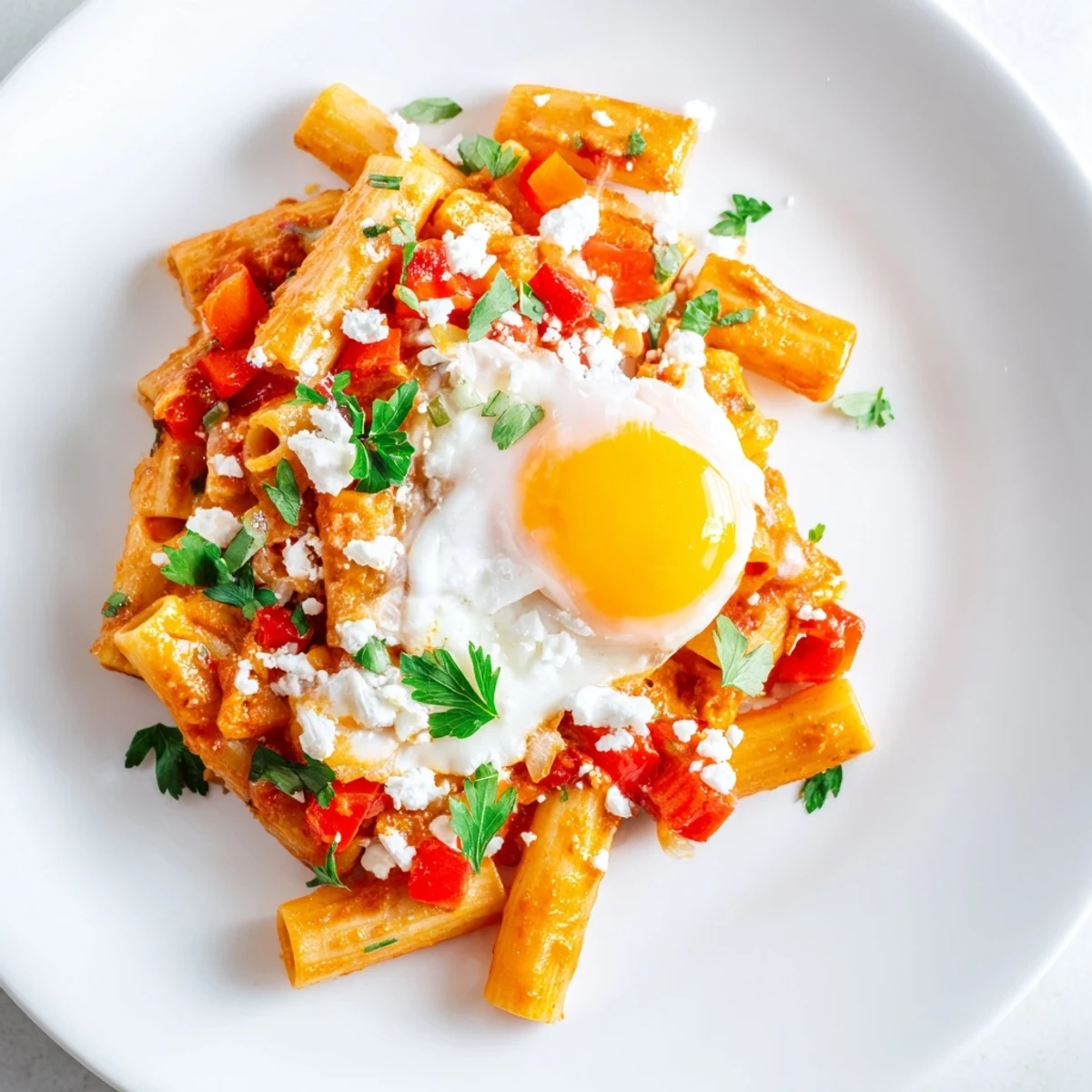 This hearty Quick Shakshuka Pasta features bubbly sauce, a runny yolk, and a satisfying pasta texture.