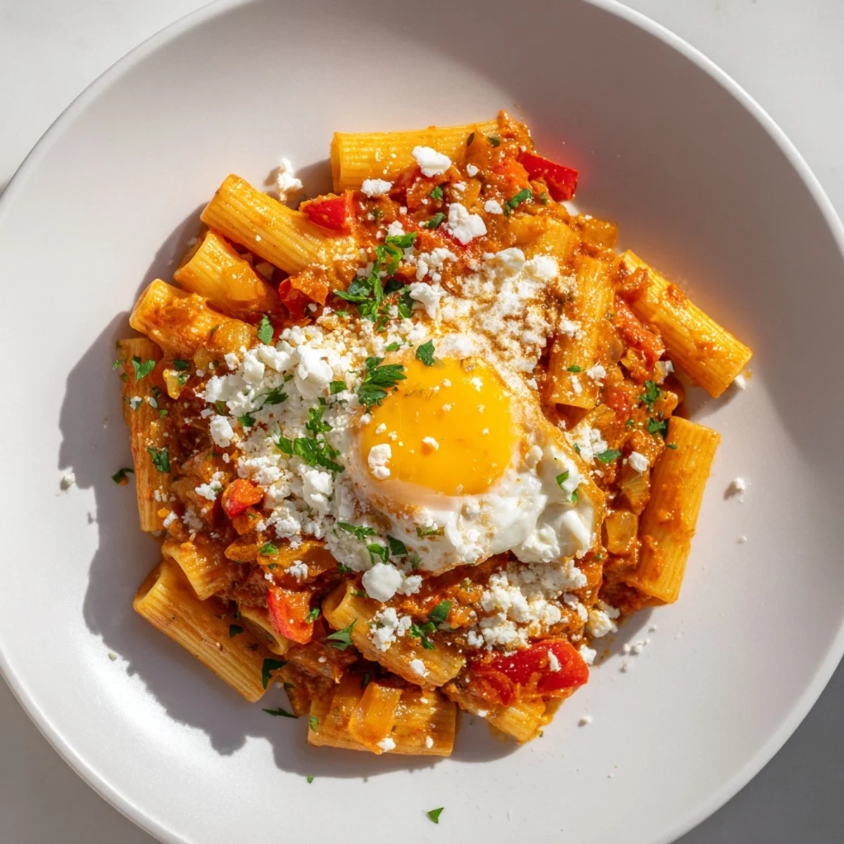 Enjoy a comforting bowl of Quick Shakshuka Pasta with tender penne and a rich tomato sauce, ready in 30 minutes.