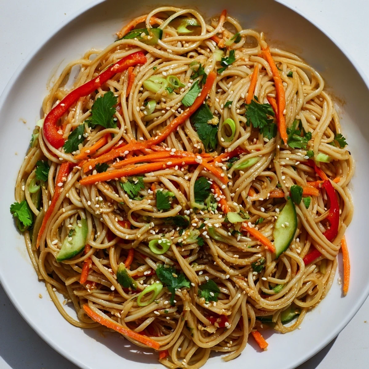Steaming garlic noodle salad with colorful bell peppers and carrots, bursting with fresh flavors.