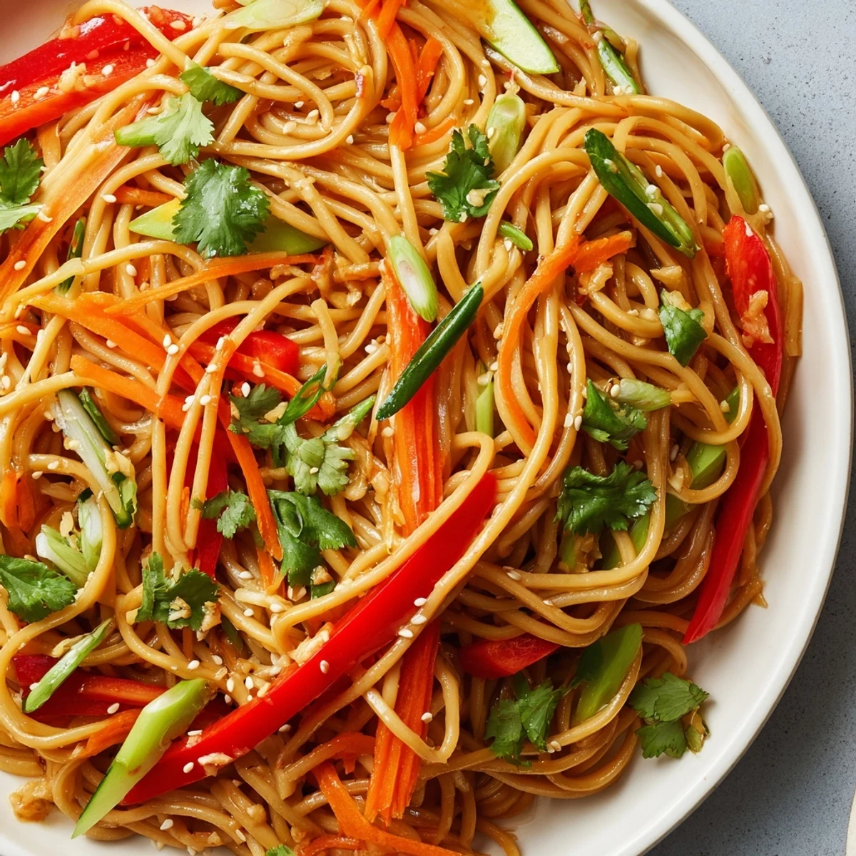 Tossed and vibrant, this garlic noodle salad features crisp vegetables and a savory soy sauce dressing.