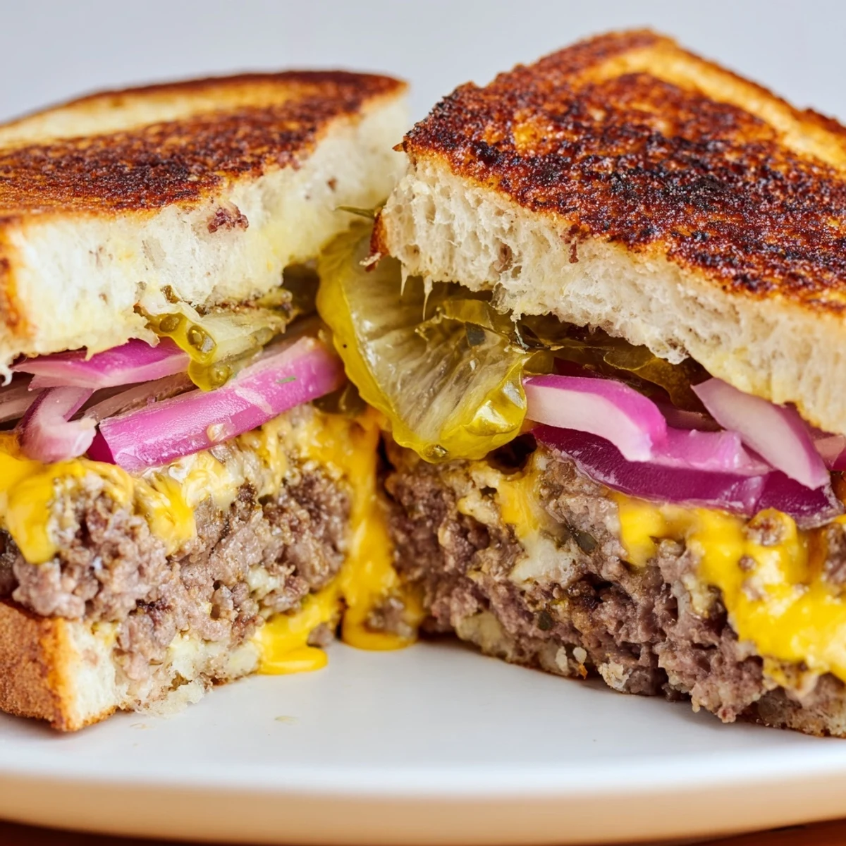Golden, melty cheddar oozes from this Smashed Burger Grilled Cheese, a delicious comfort food creation.
