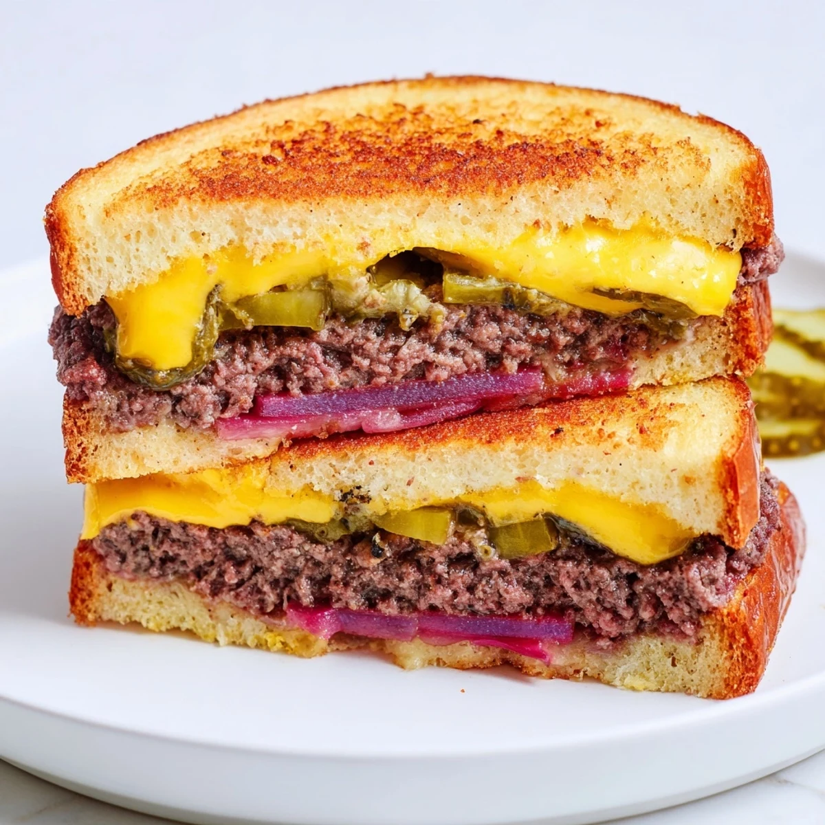 A close-up shot of a perfectly grilled Smashed Burger Grilled Cheese with toasted, crispy bread.