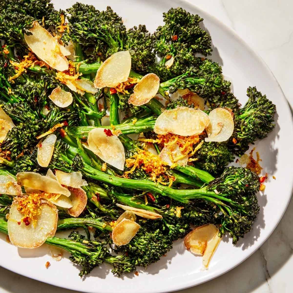 Tender charred broccolini salad, featuring crispy garlic, bright lemon, and salty Parmesan cheese.