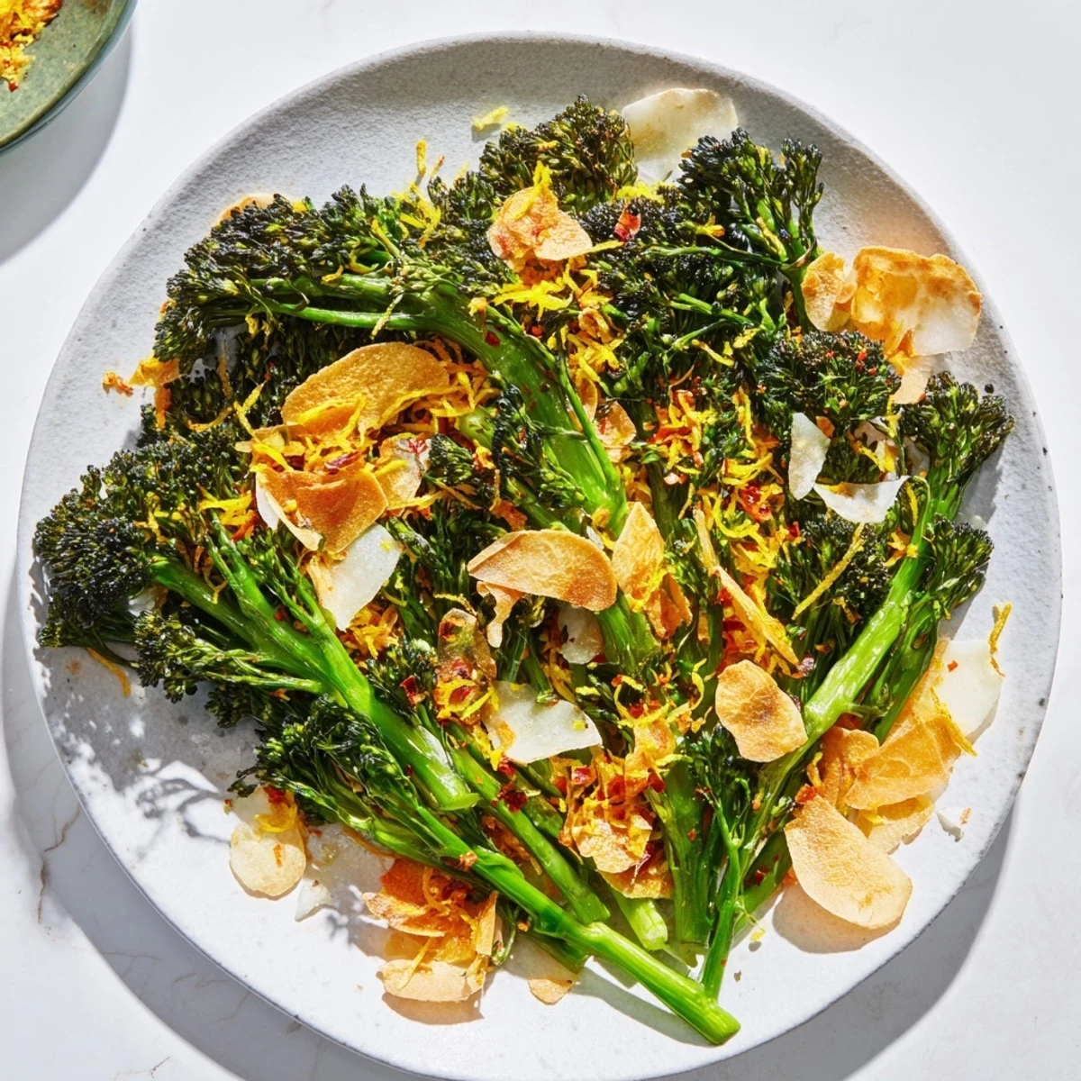 Freshly made charred broccolini salad, a vegetarian delight with lemon and Parmesan flavors.