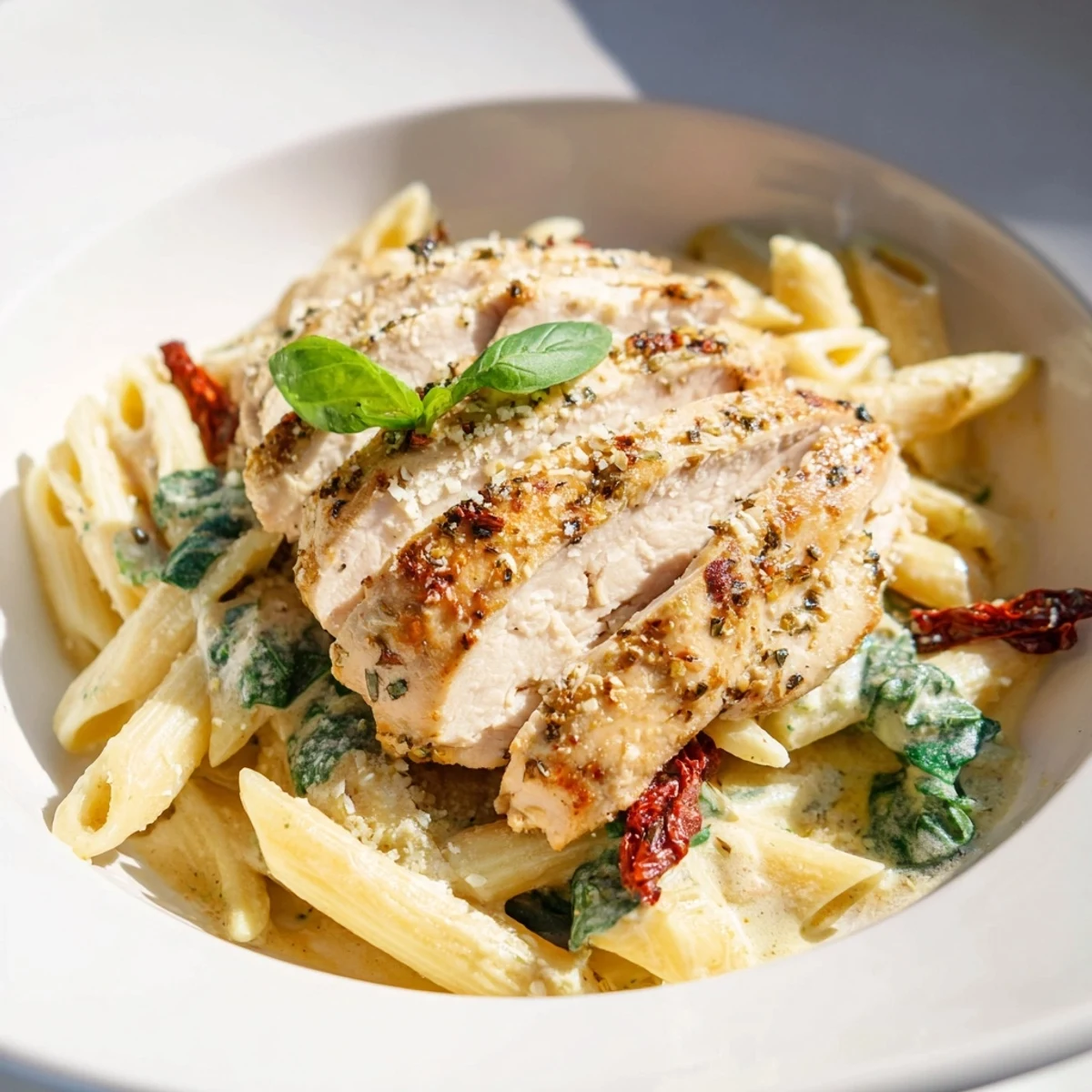 Sizzling Creamy Tuscan Chicken Pasta with golden chicken pieces and sun-dried tomatoes in cream sauce.