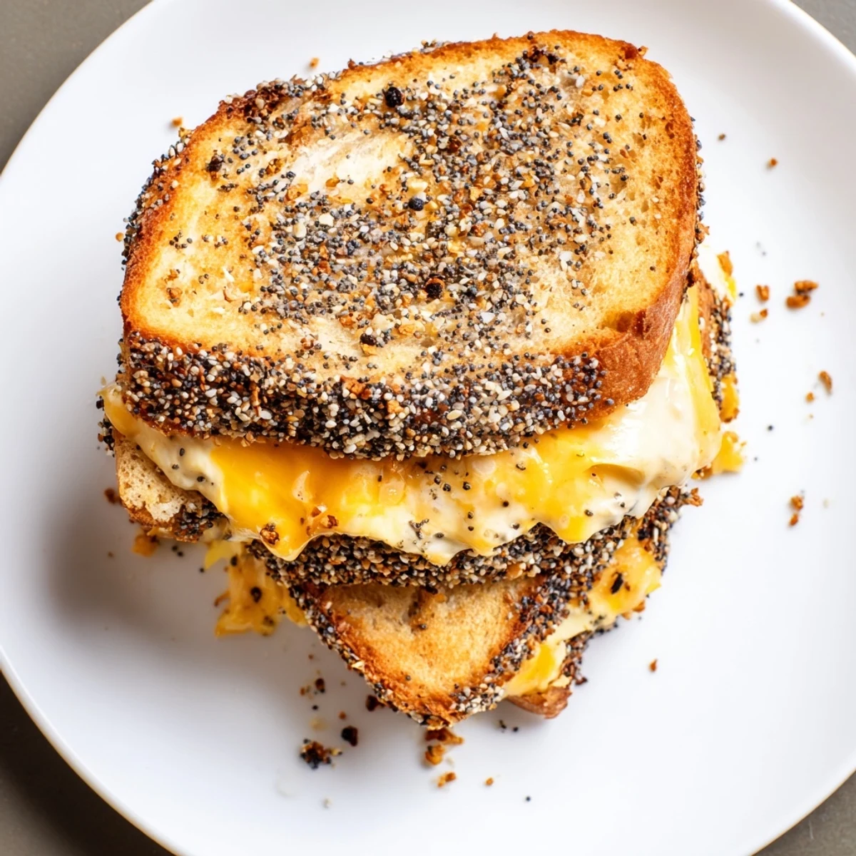 Get ready for comfort food: a close-up of a delicious everything bagel grilled cheese.