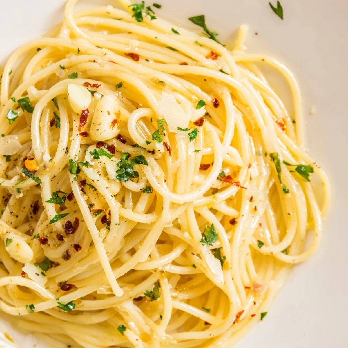 Steaming bowl of Aglio e Olio Express Pasta featuring perfectly cooked spaghetti with garlic and chili.