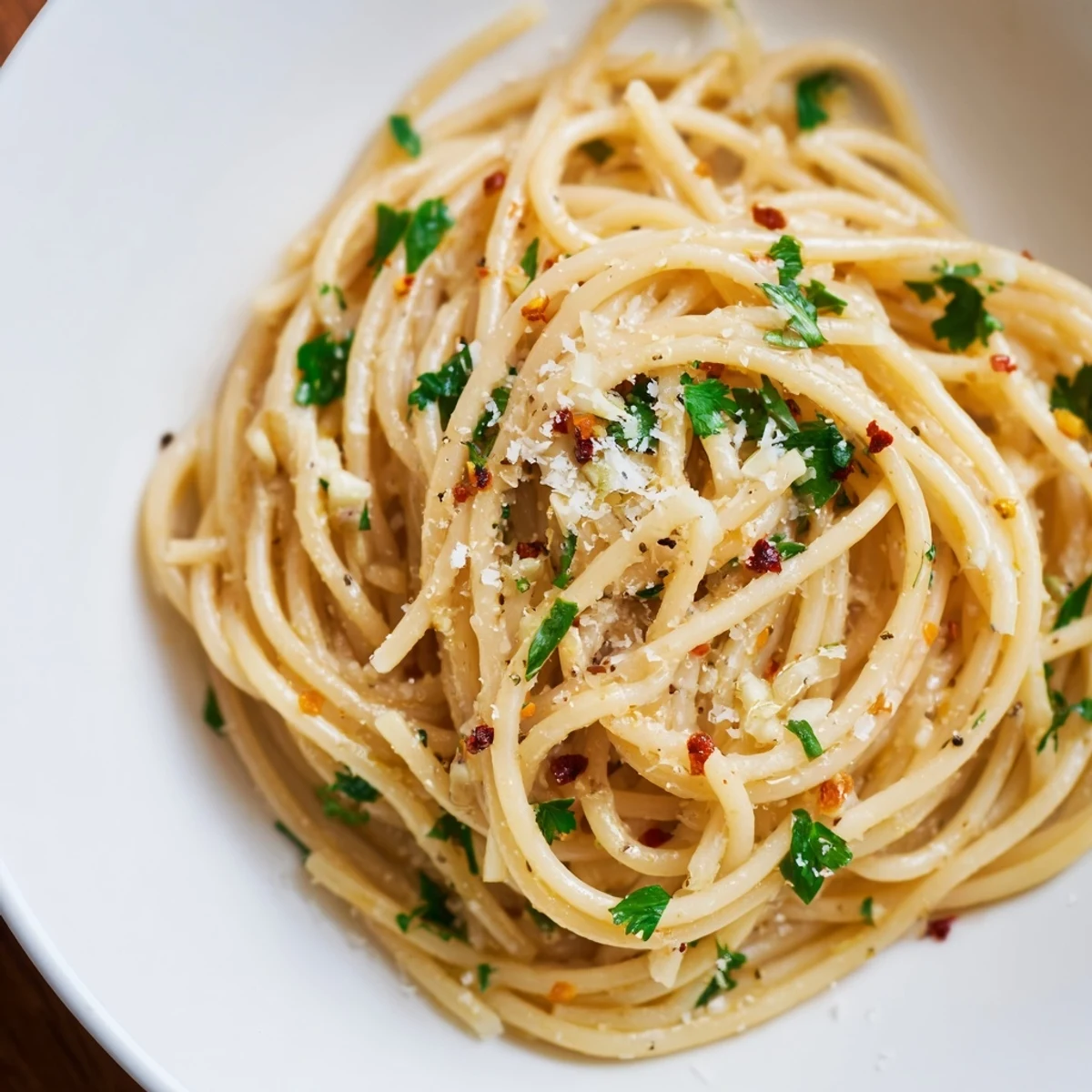 Fragrant Aglio e Olio Express Pasta: close-up showing spaghetti coated in glistening garlic-infused olive oil.