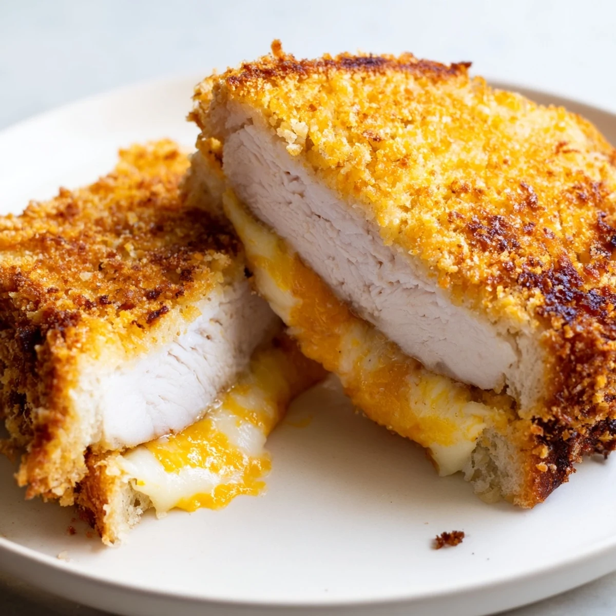 Golden, crispy Parmesan Chicken Thighs Grilled Cheese, oozing with melted cheese and served hot.