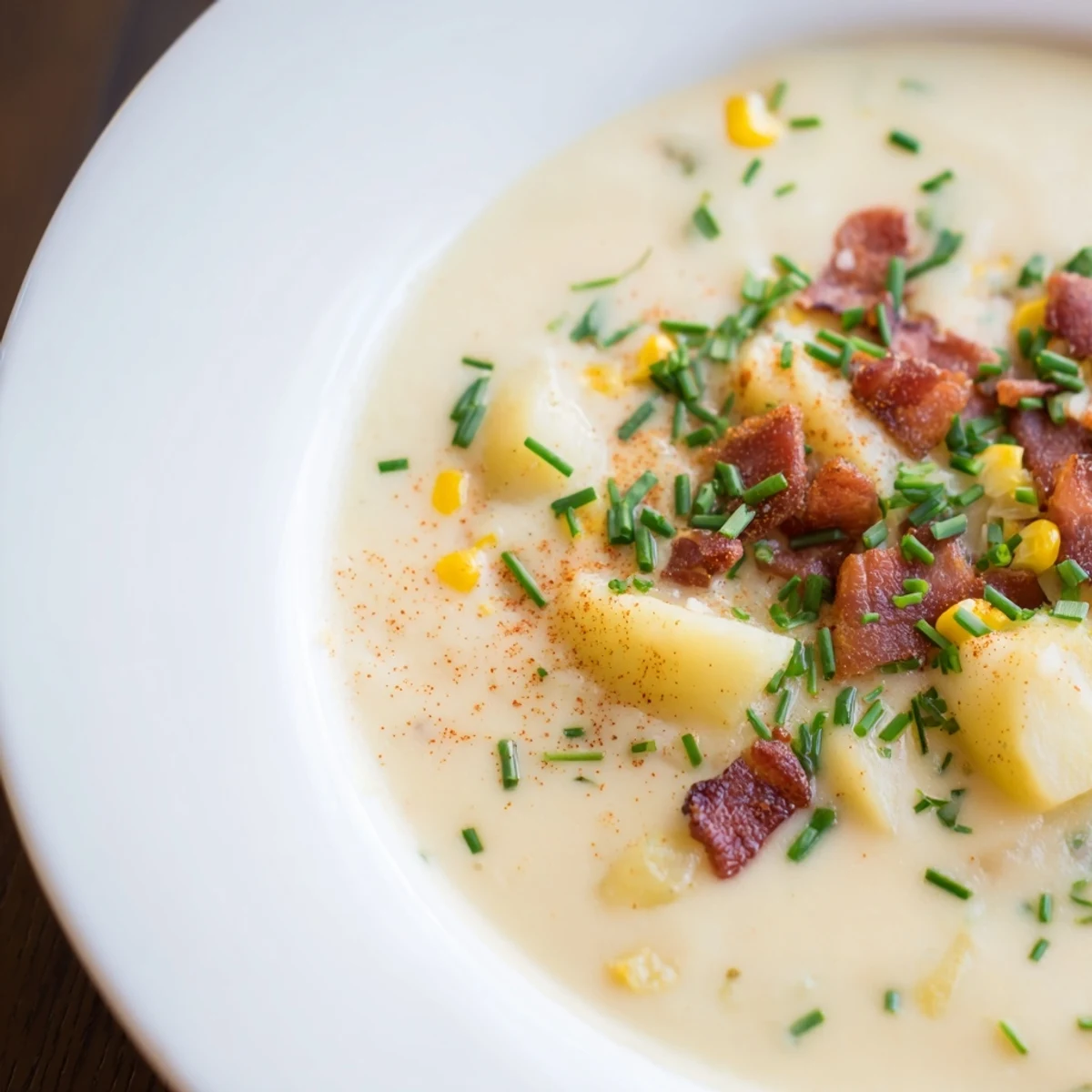 Steaming bowl of golden Corn Chowder Soup, garnished with crispy bacon and fresh chives, ready to serve this evening.
