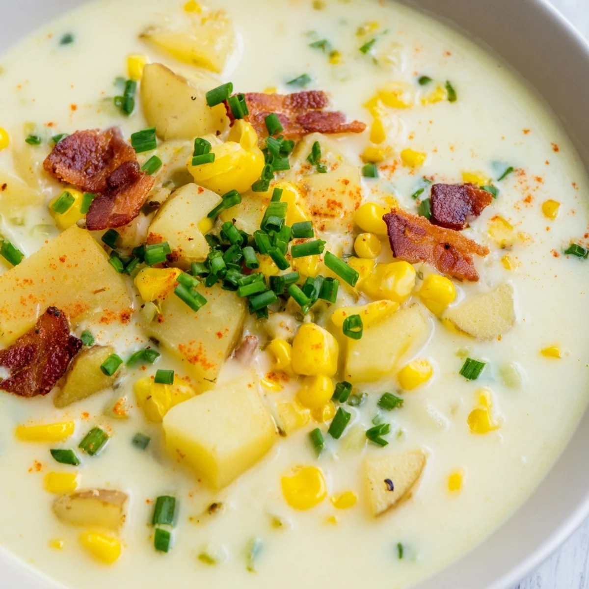 Close-up of creamy Corn Chowder Soup, thick with corn kernels, potatoes, and bacon, perfect for a cozy, heartwarming meal.