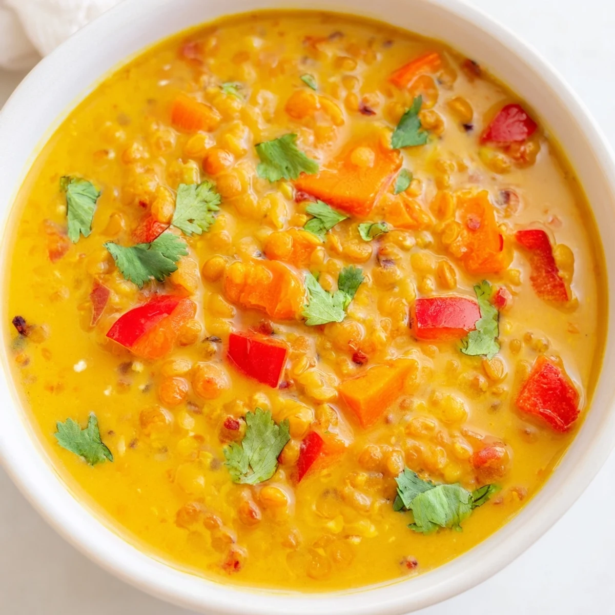 This easy vegan Lentil Red Curry Soup shows off a rich red color and creamy texture.