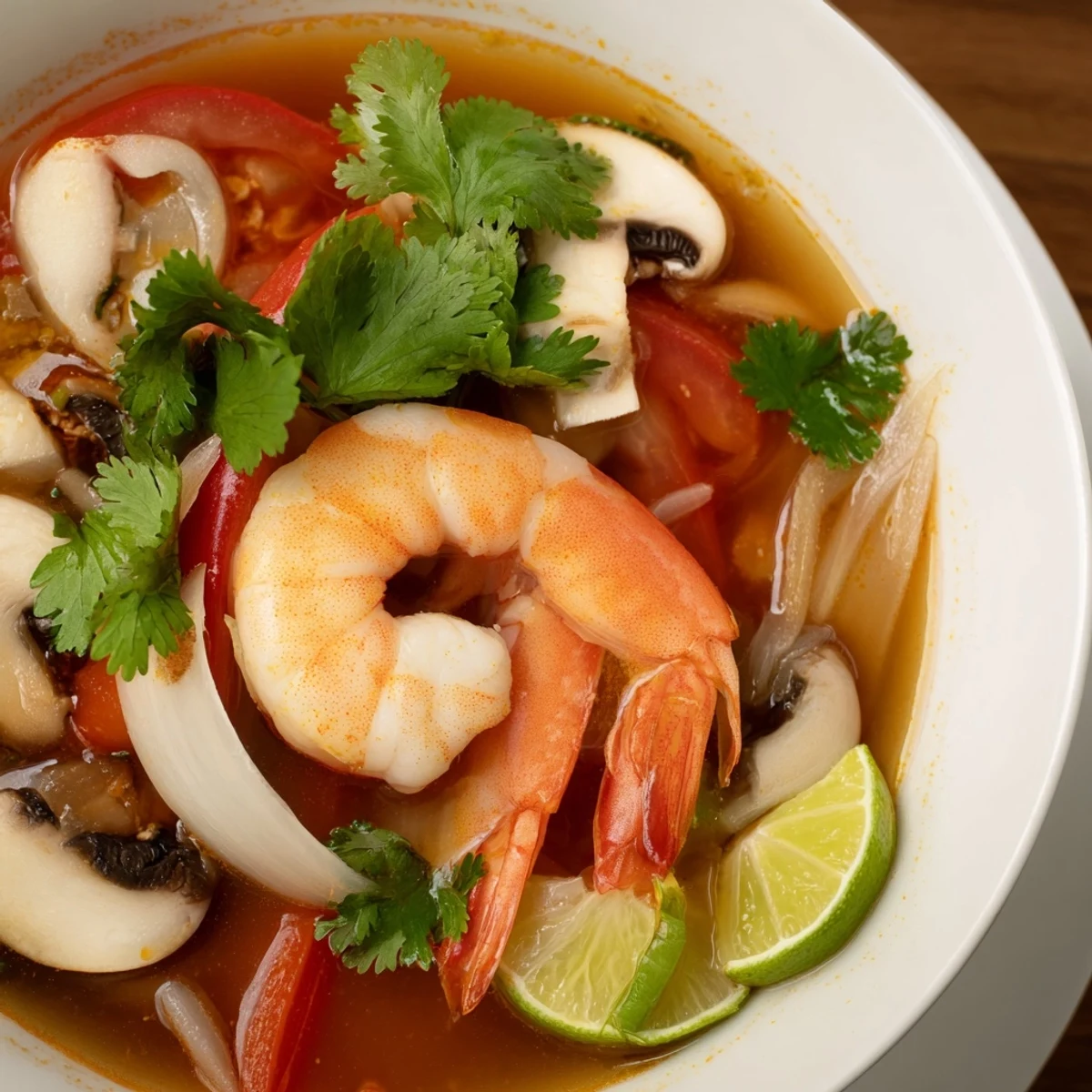 Steaming bowl of Spicy Tom Yum Soup, bursting with shrimp and vibrant vegetables.