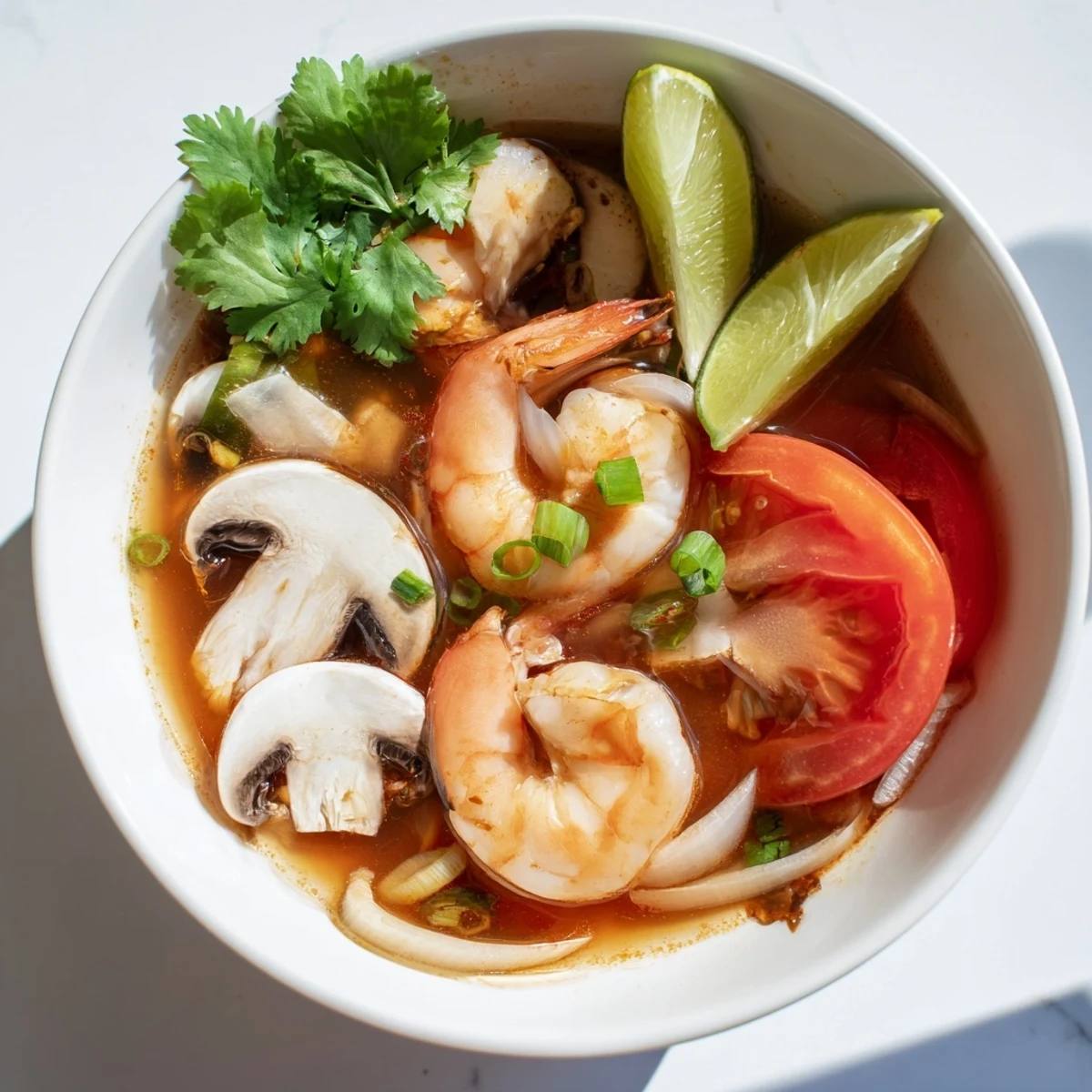 A close-up of delicious Spicy Tom Yum Soup brimming with aromatic flavors and tantalizing ingredients.