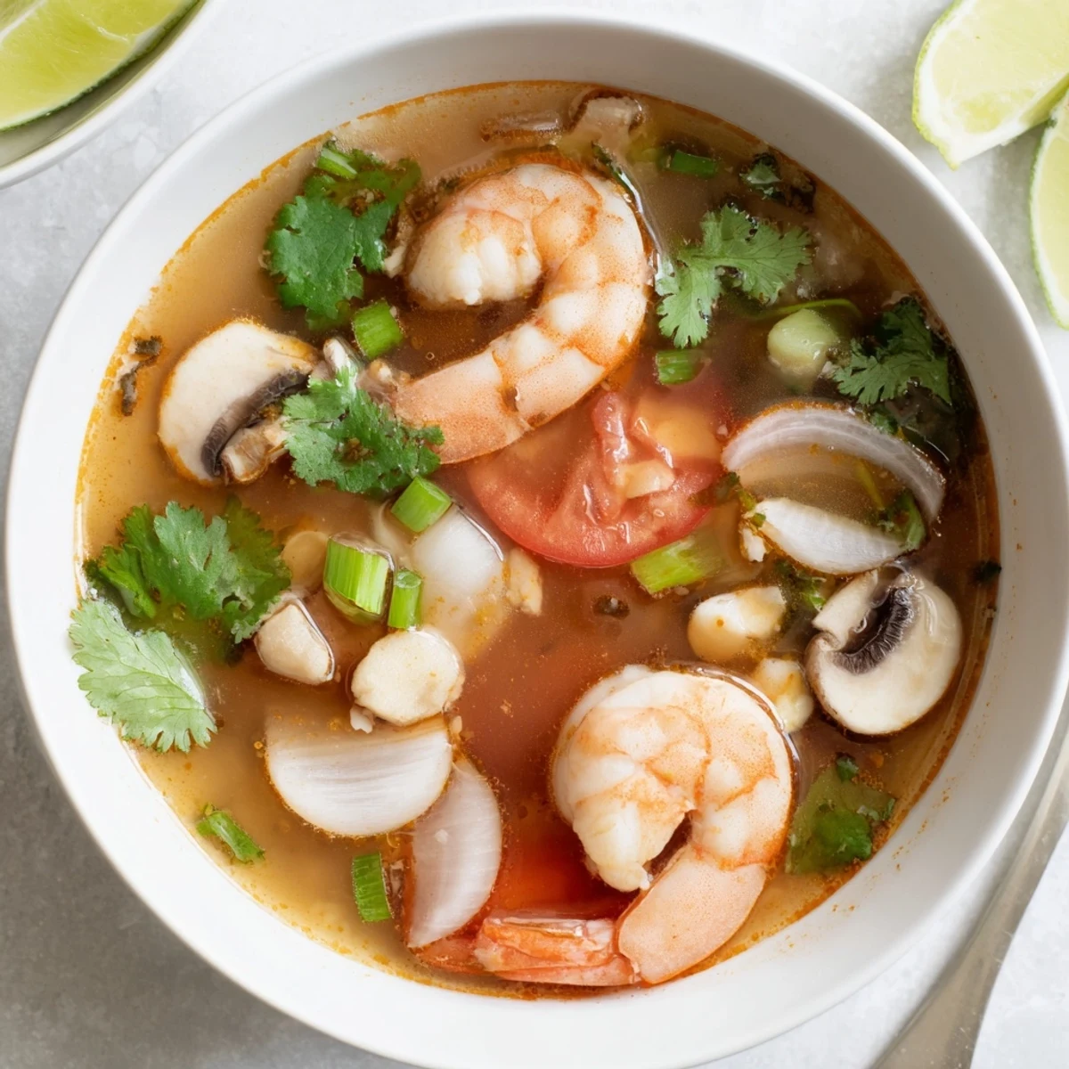 Fragrant Spicy Tom Yum Soup, showcasing perfectly cooked shrimp and fresh herbs, ready to enjoy.