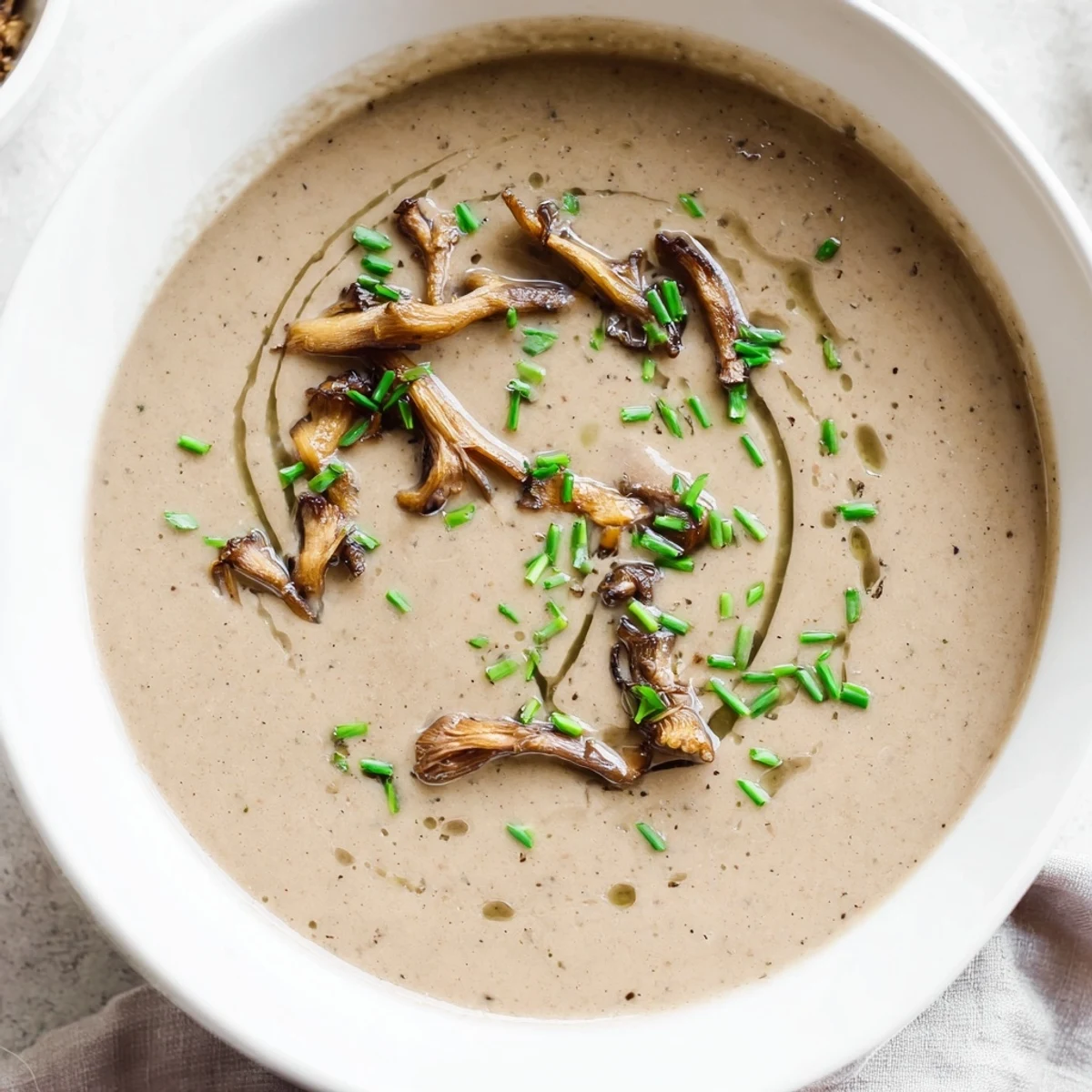 Creamy Mushroom Bisque in a bowl, garnished with fresh herbs, ready to enjoy.