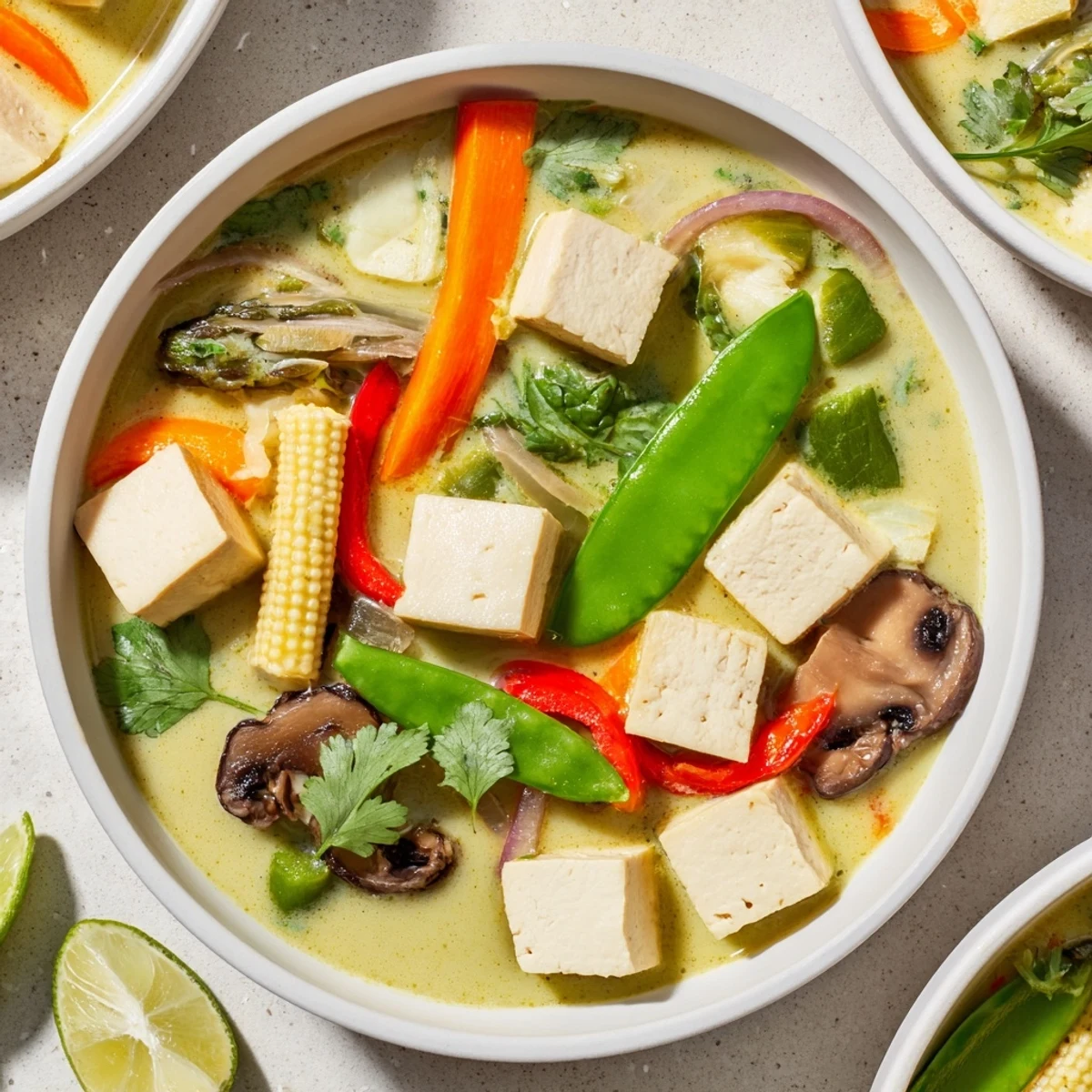 Vibrant Thai Green Curry Coconut Soup, showcasing colorful vegetables and fragrant herbs, ready to serve.
