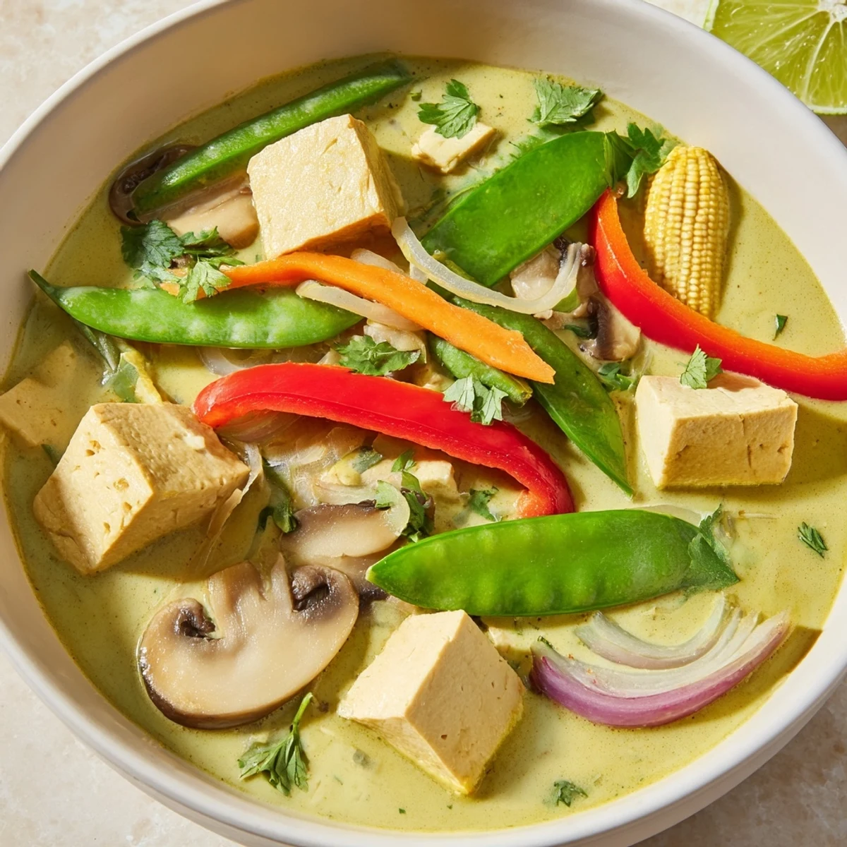 Steaming bowl of Thai Green Curry Coconut Soup, garnished with cilantro, a comforting meal.