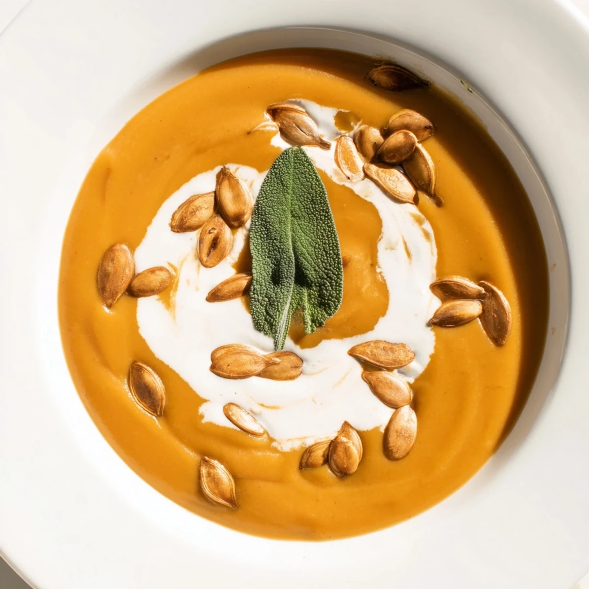 Steaming bowl of butternut squash soup, garnished with cream, inviting and delicious.