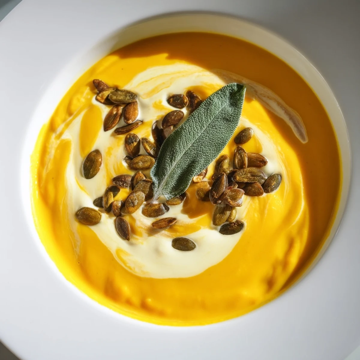 Creamy, vibrant butternut squash soup, perfectly seasoned, and served with toasty pumpkin seeds.