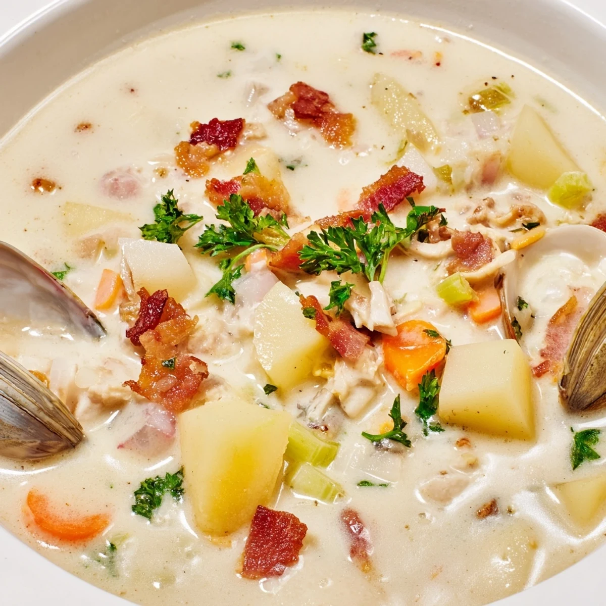 Creamy New England Clam Chowder, a hearty soup with clams, potatoes, and a garnish of fresh parsley.