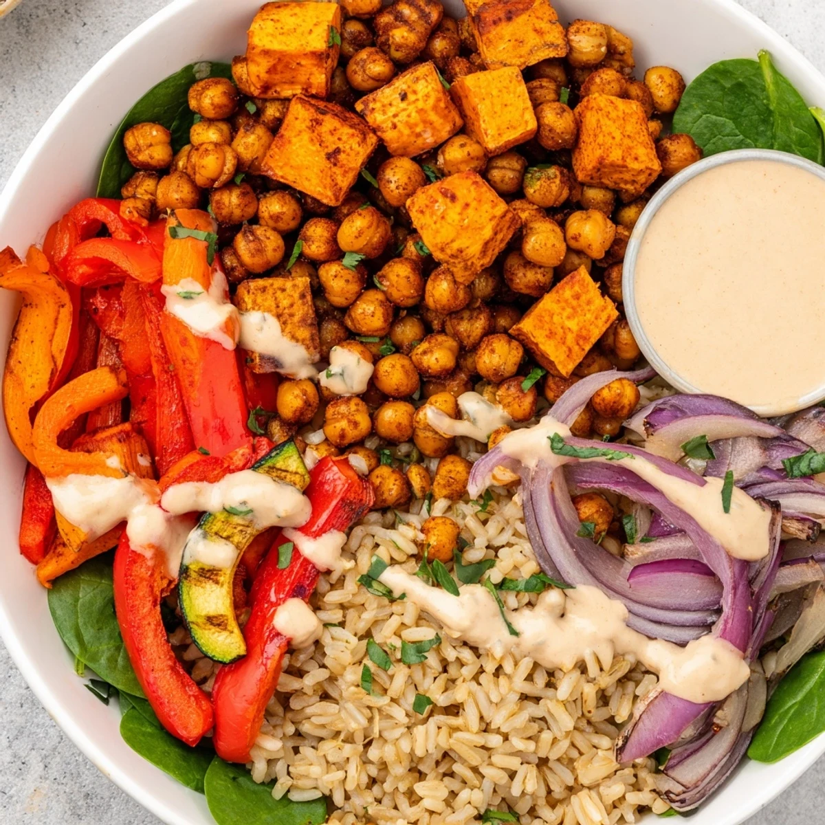 A colorful Roasted Chickpea Buddha Bowl with crispy chickpeas, roasted veggies, and creamy tahini, perfect for a balanced meal.
