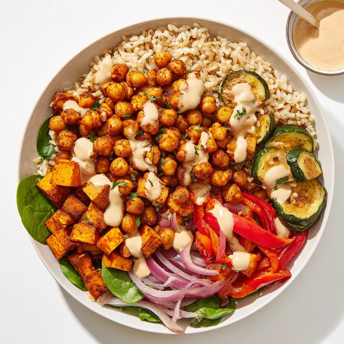 This Roasted Chickpea Buddha Bowl features fluffy rice, roasted vegetables, and a creamy sauce, a vibrant and satisfying vegan dinner.