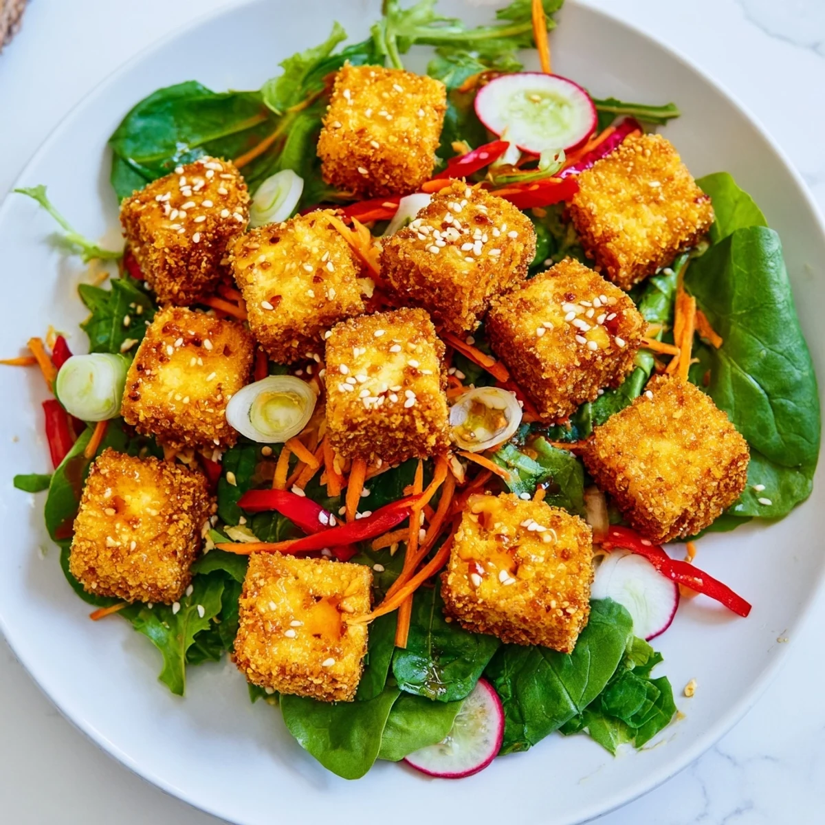 Golden, crispy tofu salad with vibrant veggies and zesty ginger-soy dressing; a colorful image.