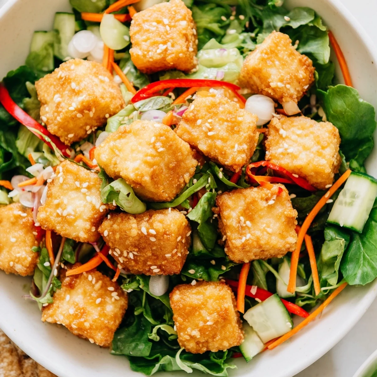 A bowl of crispy tofu salad showcasing golden tofu cubes, fresh greens, and delicious dressing.