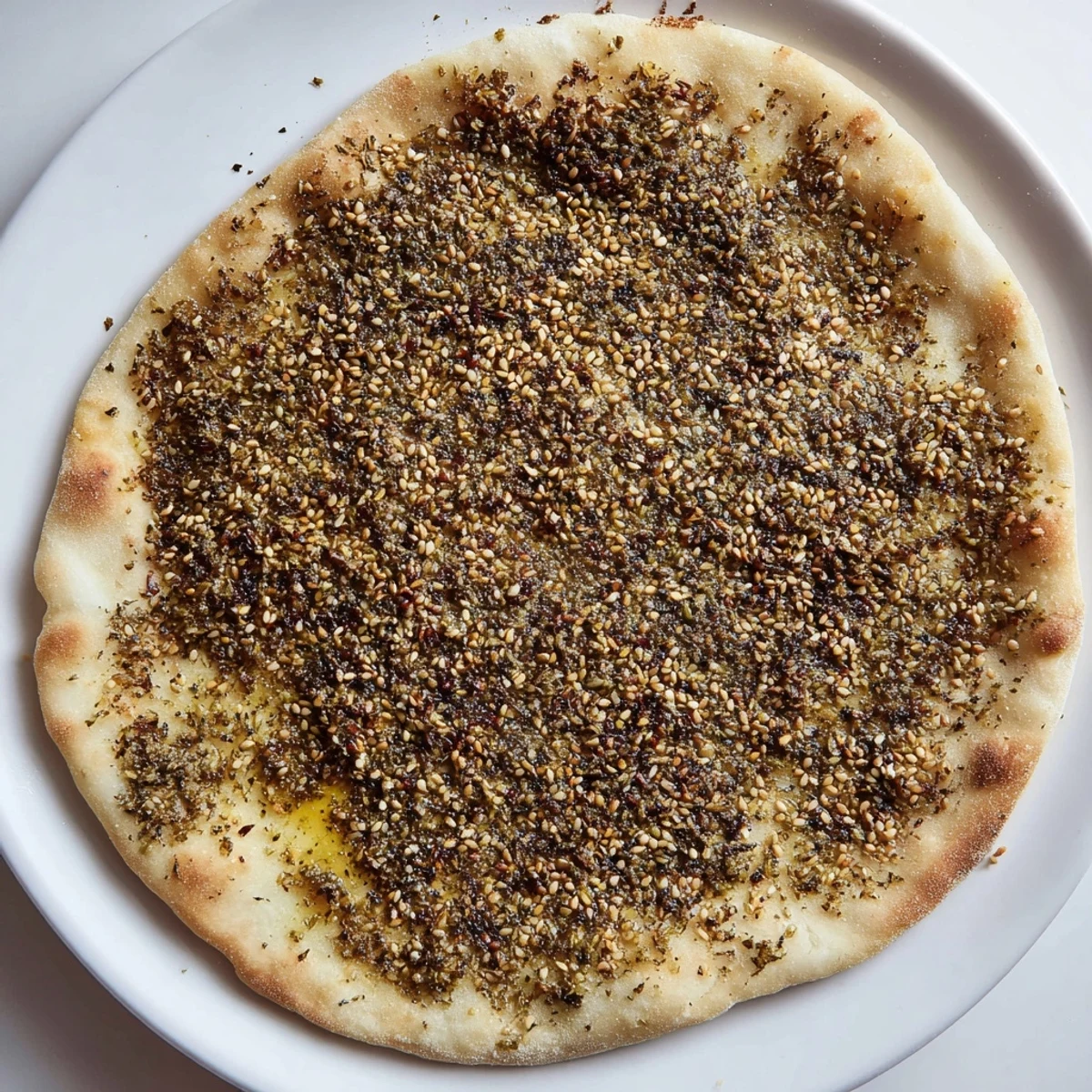 Golden Levantine zaatar bread, aromatic with zaatar spice, sesame, and olive oil, fresh from the oven.