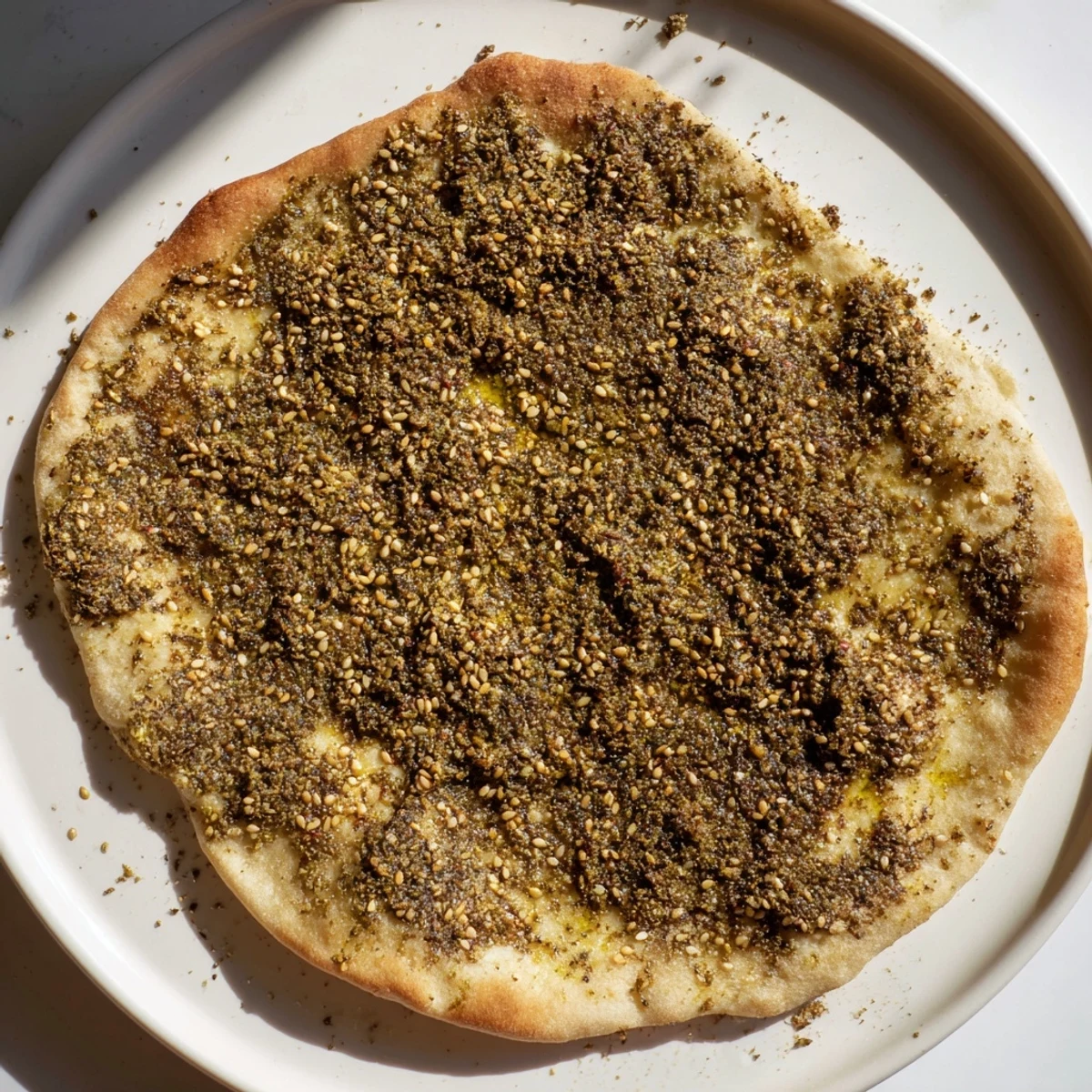 A close-up shot of crispy Levantine zaatar bread, perfect for dipping, golden and ready to savor.