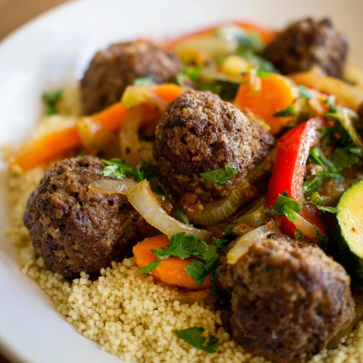 Golden kefta meatballs simmer in a vibrant stew, served over fluffy couscous in this North African recipe.