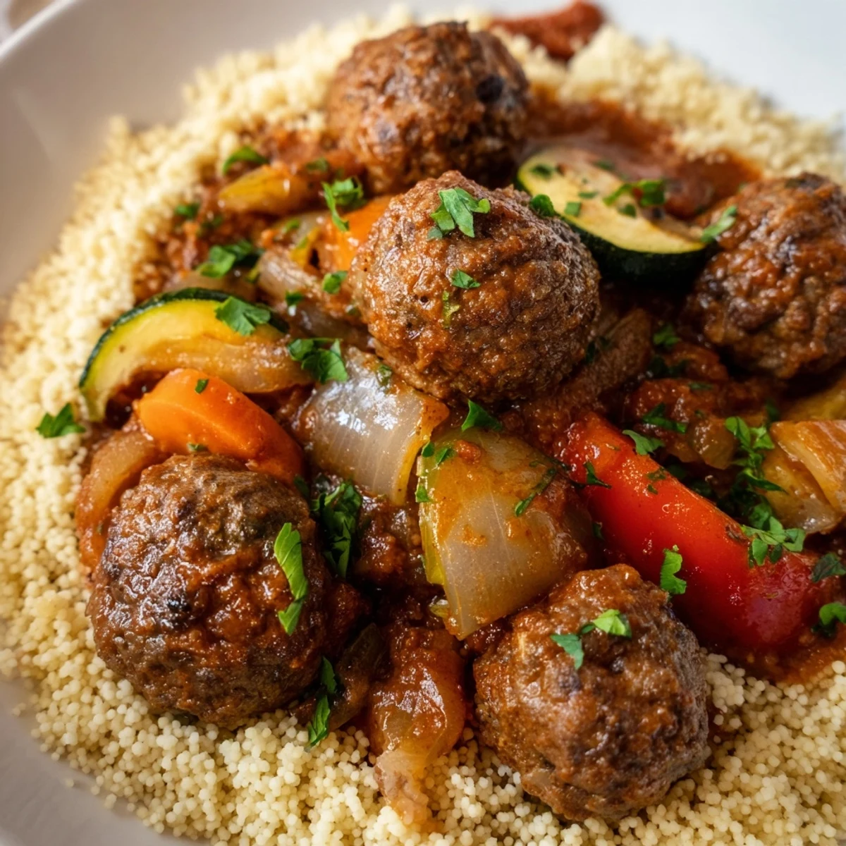 A steaming bowl of North African Couscous Kefta features tender meatballs and a rich vegetable sauce, ready to eat.