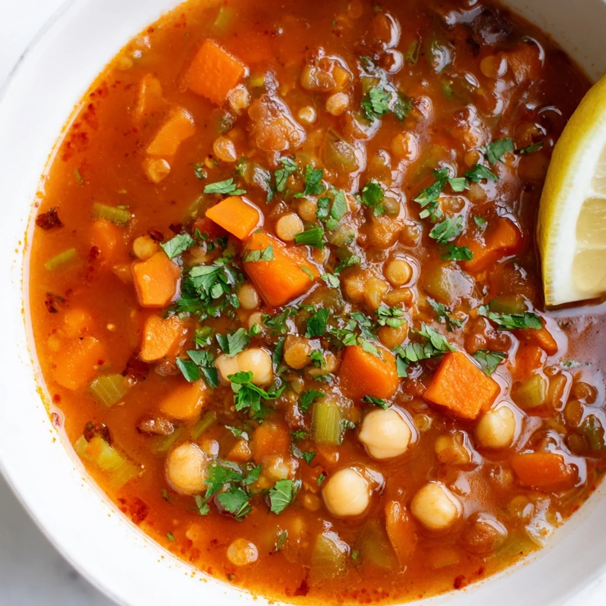 Warm, spiced North African Harira Soup with tender lentils, served with fresh lemon wedges for bright flavor.
